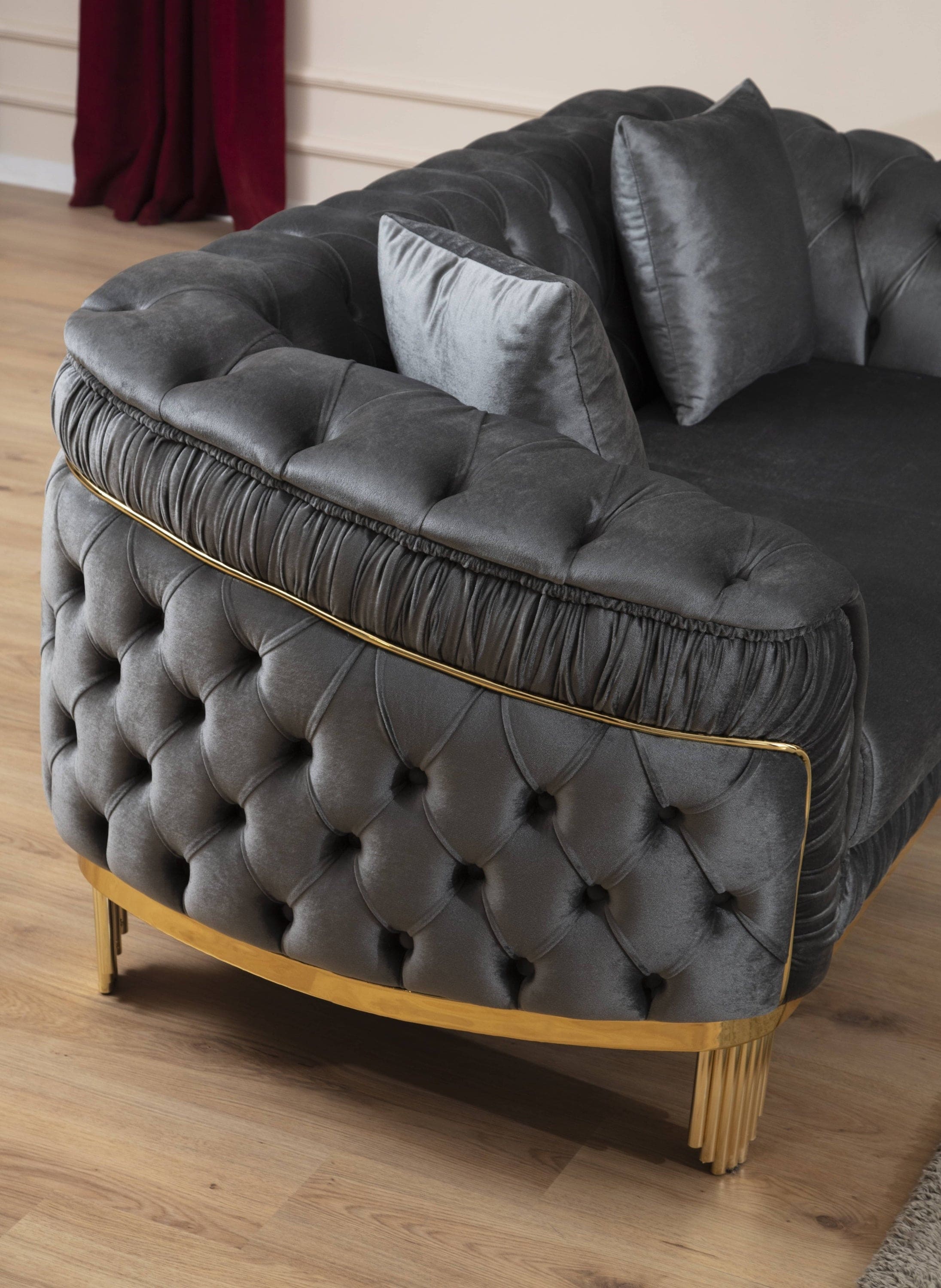 Vanessa Loveseat in Grey and Gold with Fabric button-tufted velvet upholstery Finish