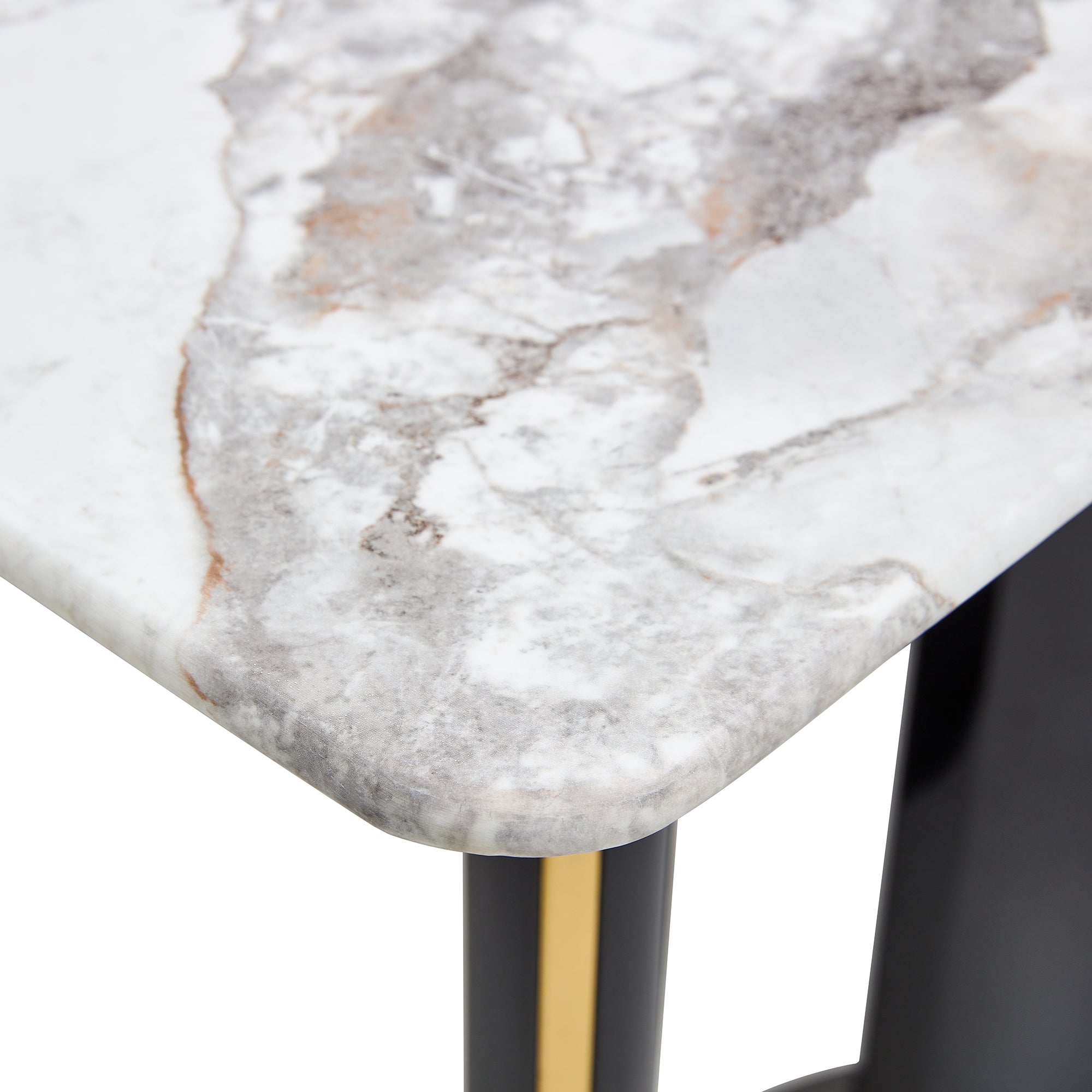 Modern minimalist rectangular dining table, white imitation marble tabletop, MDF table legs with gold metal decorative strips. Suitable for restaurant and living room   F-HH