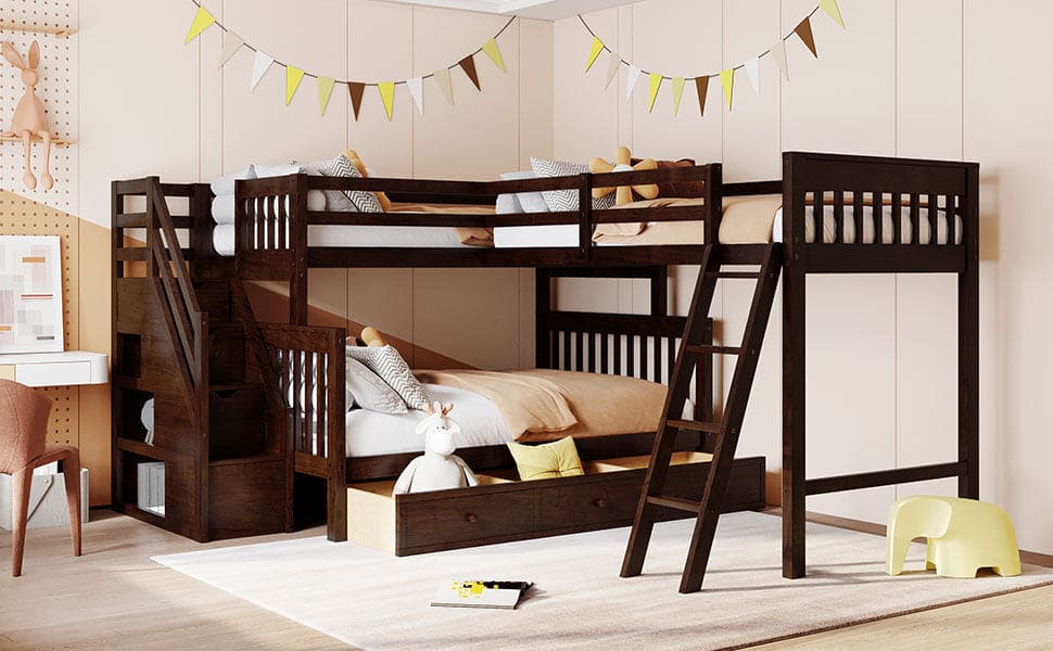 Twin over Full L-Shaped Bunk Bed With 3 Drawers, Ladder and Staircase - Espresso