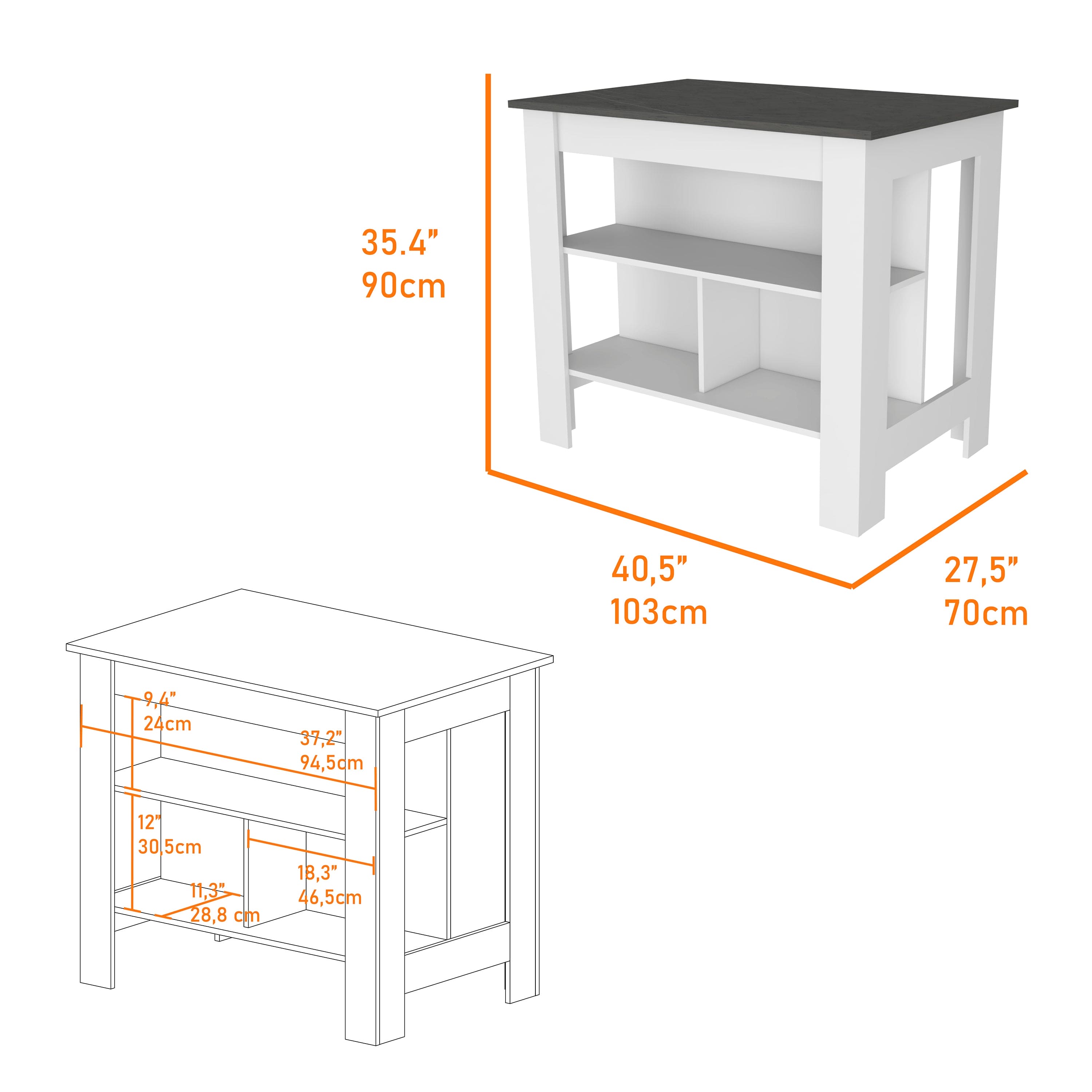 Kitchen Island Dozza, Three Shelves, White / Onyx Finish