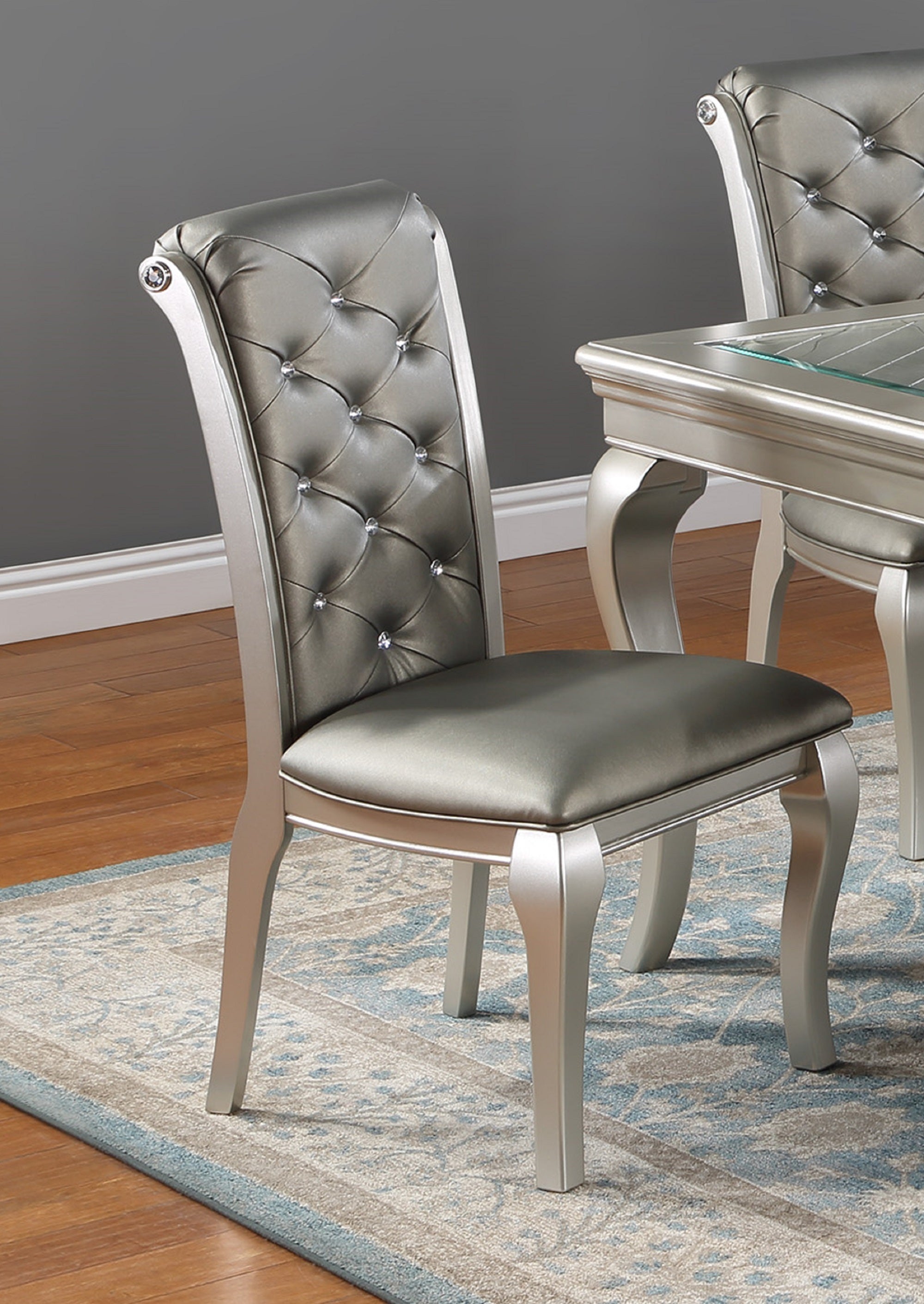 Formal Luxurious Dining Chairs Set of 2 Champagne / Silver Solid Wood High-quality Faux Leather Cushion Button Tufted Side Chairs Kitchen Dining Room Furniture