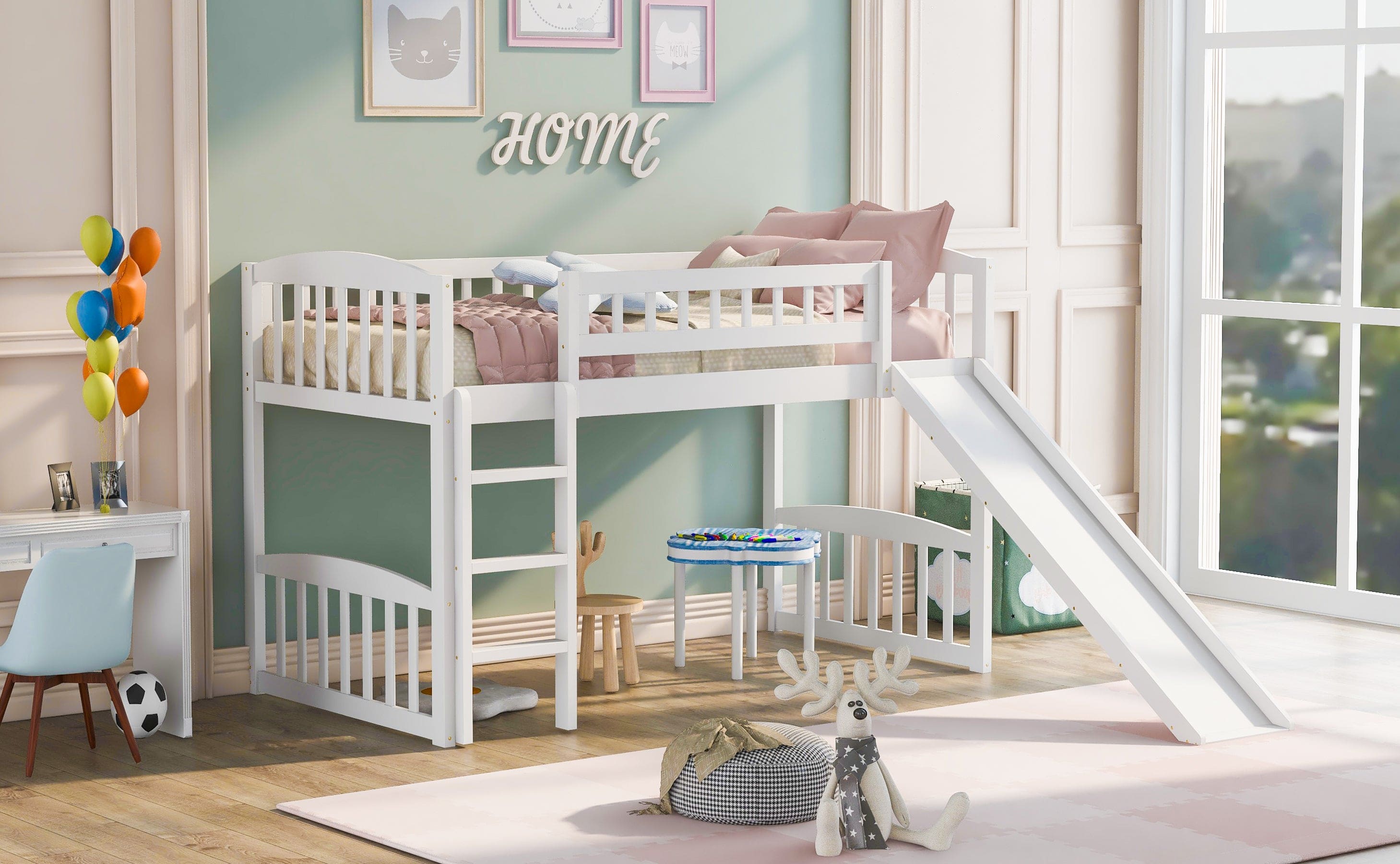 Twin size Loft Bed with Slide and Ladder, White(OLD SKU: LP000504AAK)