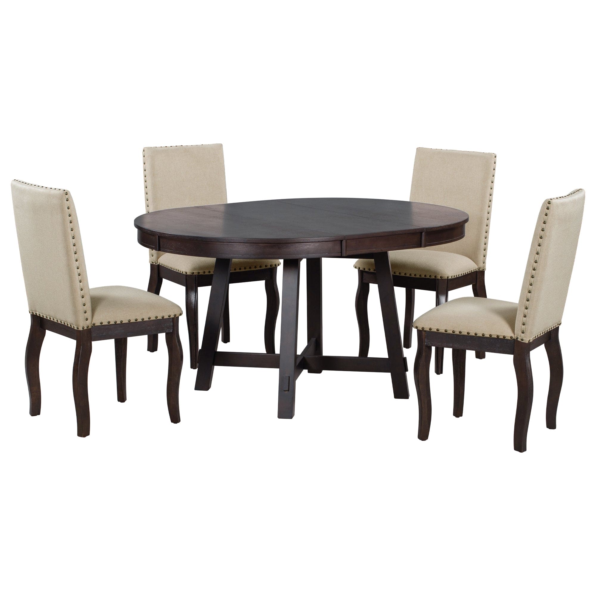 TREXM 5-Piece Farmhouse Dining Table Set Wood Round Extendable Dining Table and 4 Upholstered Dining Chairs (Espresso)