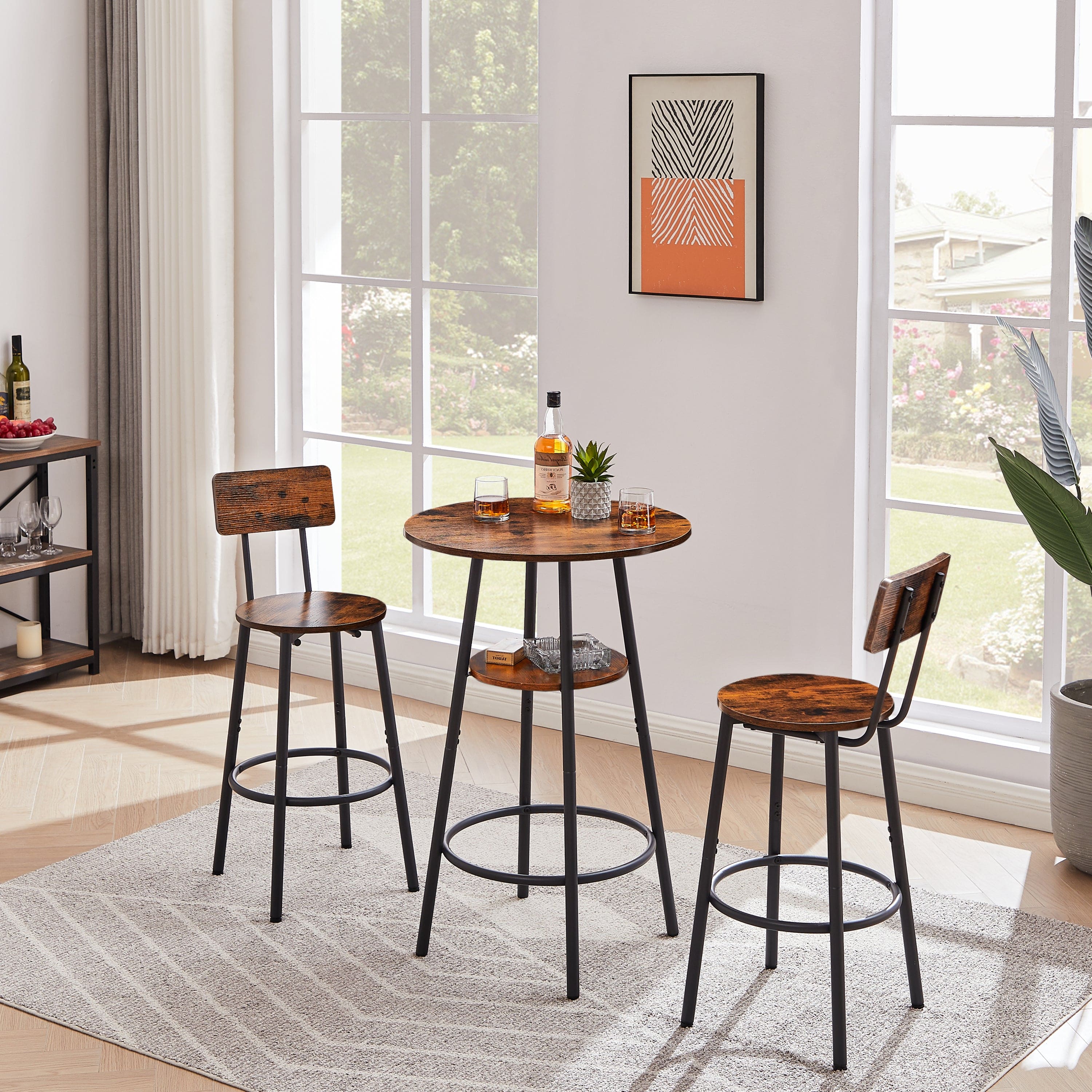 Round bar stool set with shelves, stool with backrest Rustic Brown, 23.6'' Dia x 35.4'' H