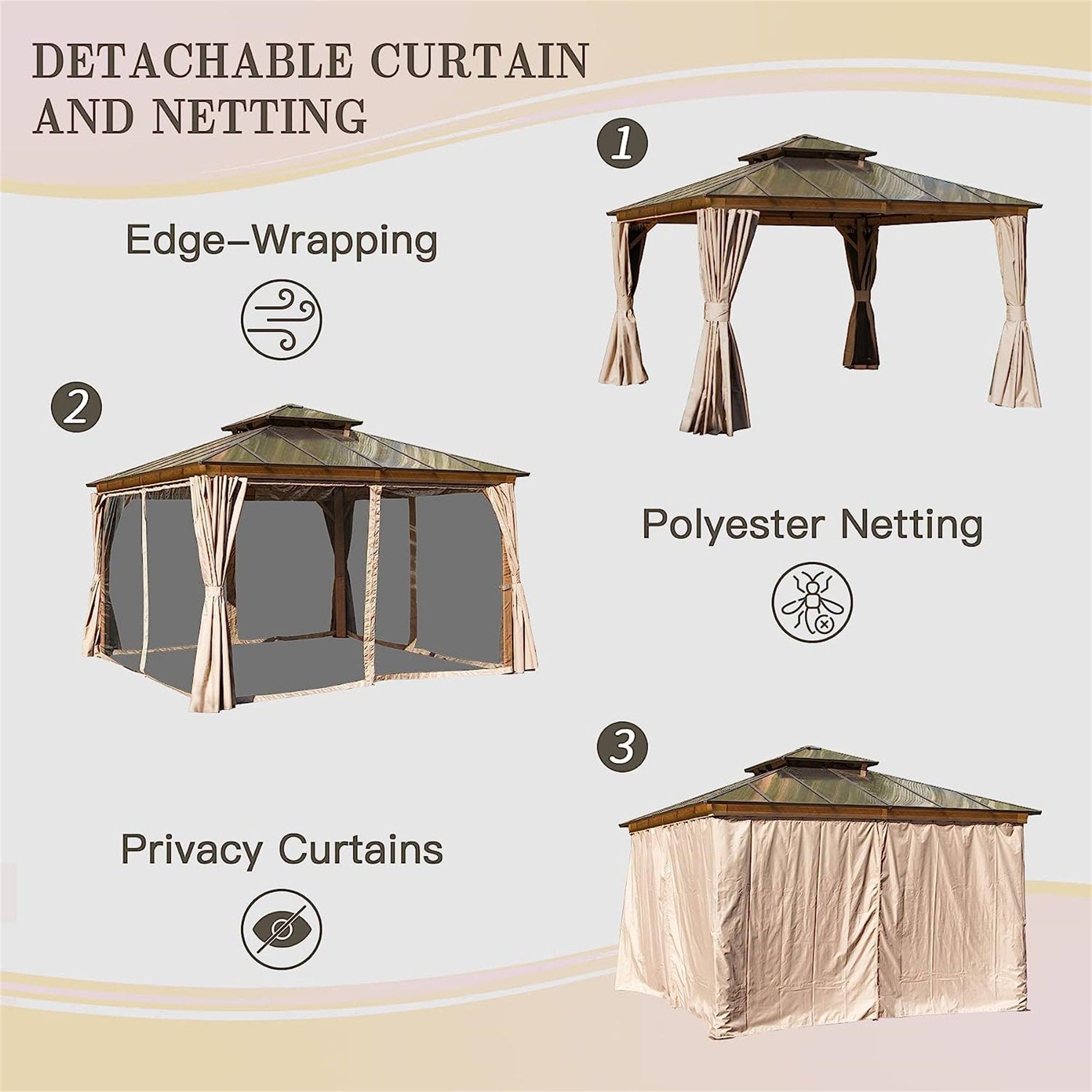 12'x12' Hardtop Gazebo, Permanent Outdoor Gazebo with Polycarbonate Double Roof, Aluminum Gazebo Pavilion with Curtain and Net for Garden, Patio, Lawns, Deck, Backyard(Wood-Looking)