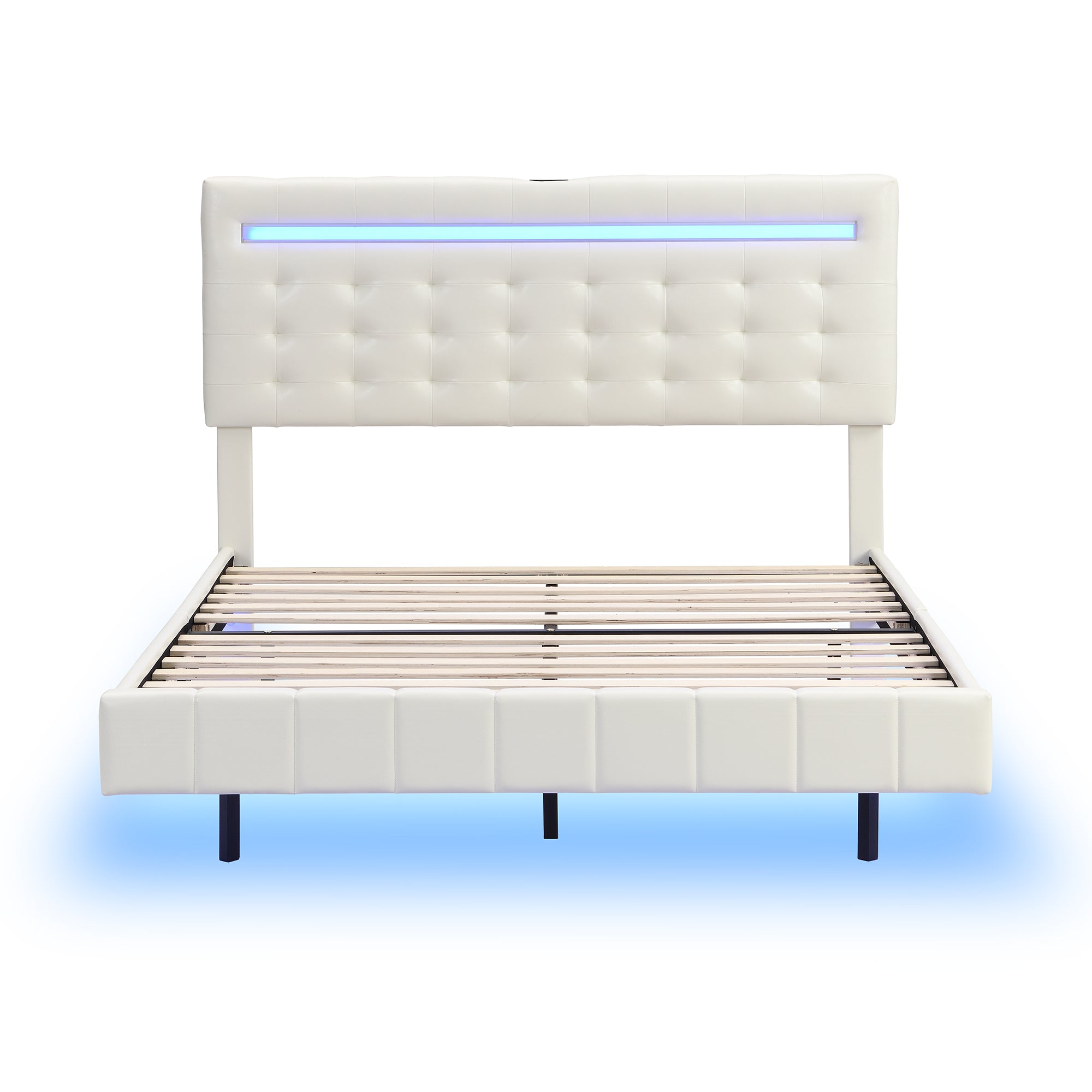 Full Size Floating Bed Frame with LED Lights and USB Charging,Modern Upholstered Platform LED Bed Frame,White(Full)