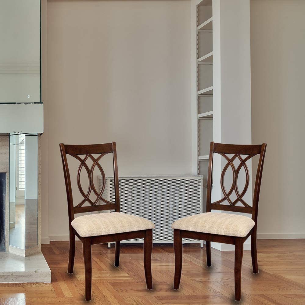 Classic Transitional Dining Chairs Brown Cherry Solid wood Padded Fabric Seat Set of 2 Side Chairs Dining Room Furniture Beautifully-crafted chairs