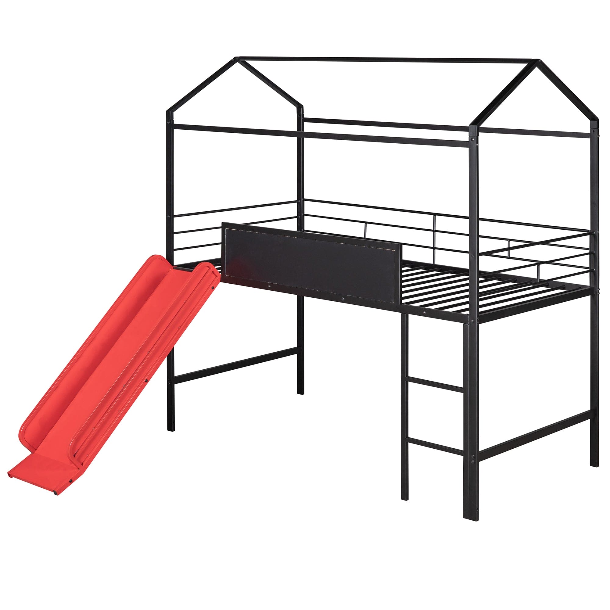 Metal House Bed With Slide, Twin Size Metal Loft Bed with Two-sided writable Wooden Board (Black and Red)