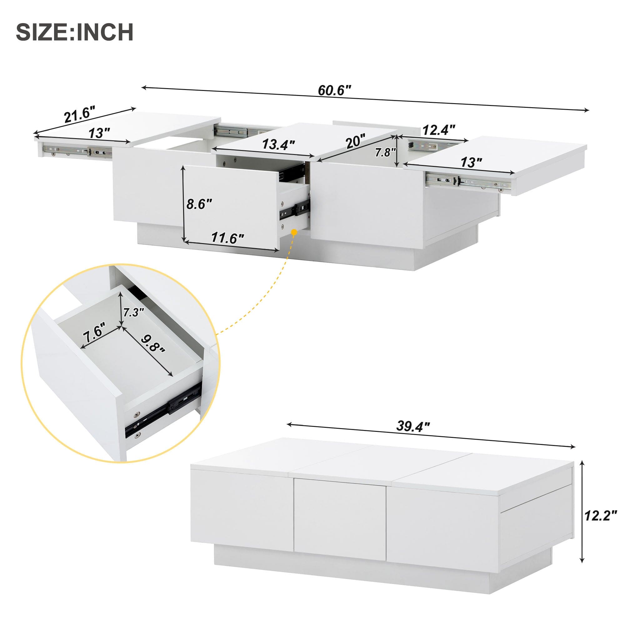 ON-TREND Multifunctional Coffee Table with 2 large Hidden Storage Compartment, Extendable Cocktail Table with 2 Drawers, High-gloss Center Table with Sliding Top for Living Room, 39.3"x21.6", White