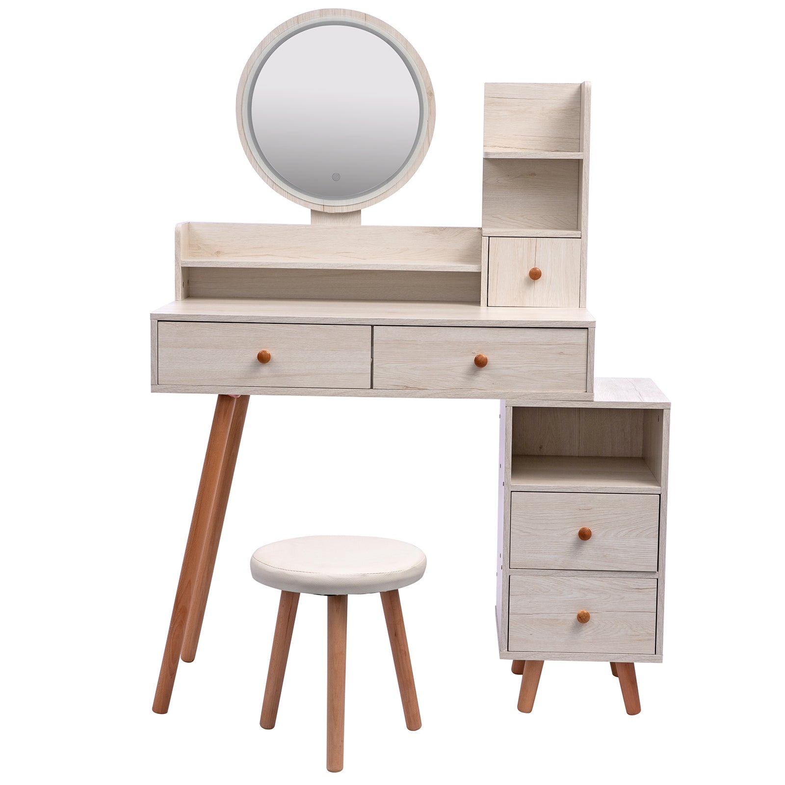 CRAZY ELF Stylish Vanity Table + Cushioned Stool, Touch Control LED Mirror, Large Capacity Storage Cabinet, 5 Drawers, Fashionable Makeup Furniture, Length Adjustable(L31.5"-43.2"x W15.8" x H48.1")