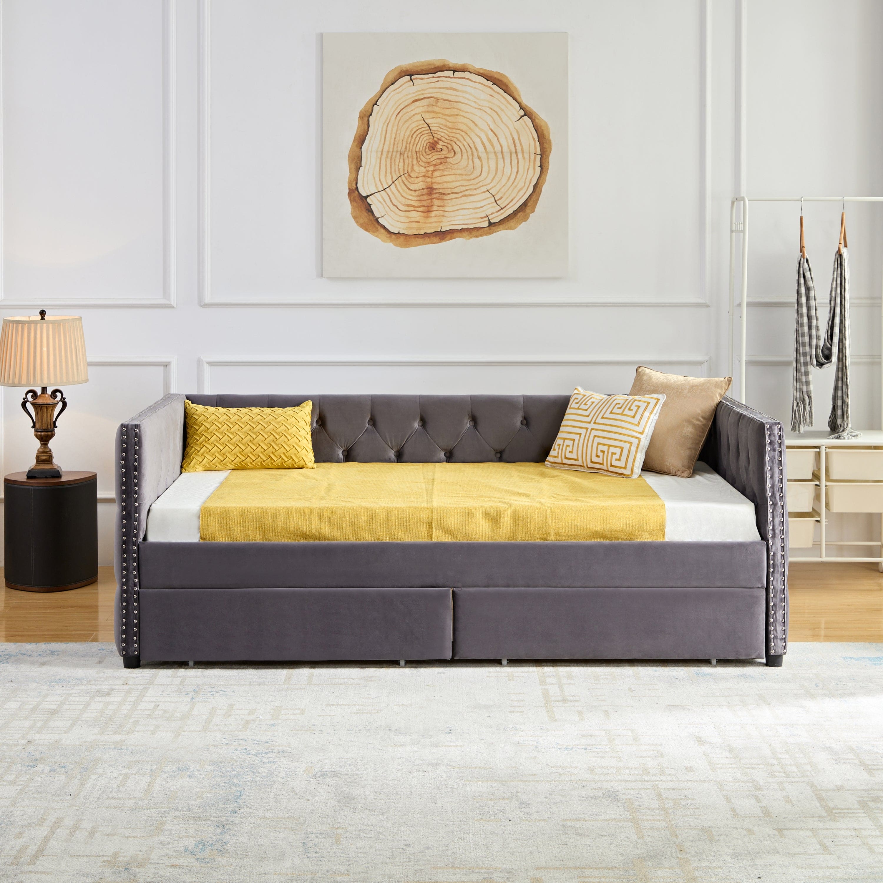 Sofa bed with drawers, modern velvet upholstered sofa bed with button tufted sofa bed frame with double drawers, bedroom living room furniture, Grey(83.47''x42.91''x30.71''')