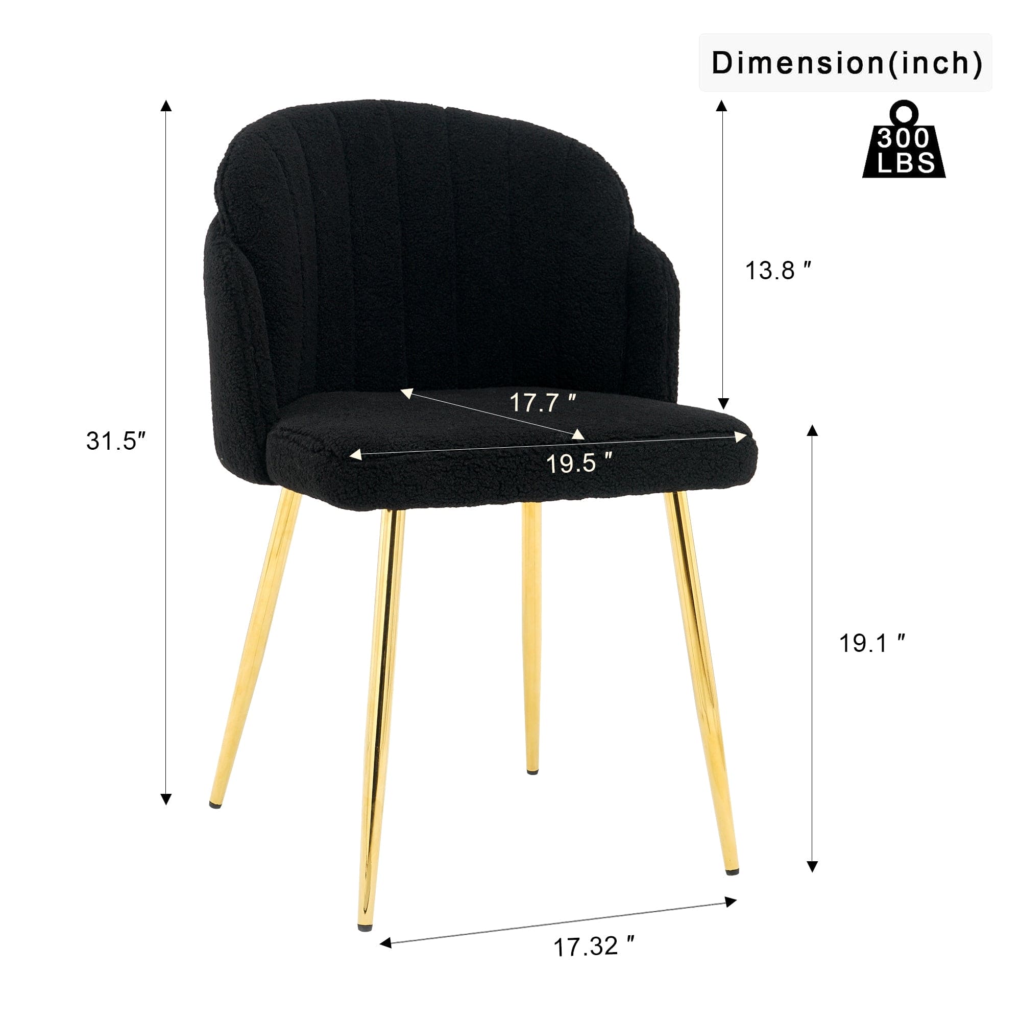 Modern simple black teddy fleece dining chair Fabric Upholstered Chairs home bedroom stool back dressing chair gold metal legs(set of 2)