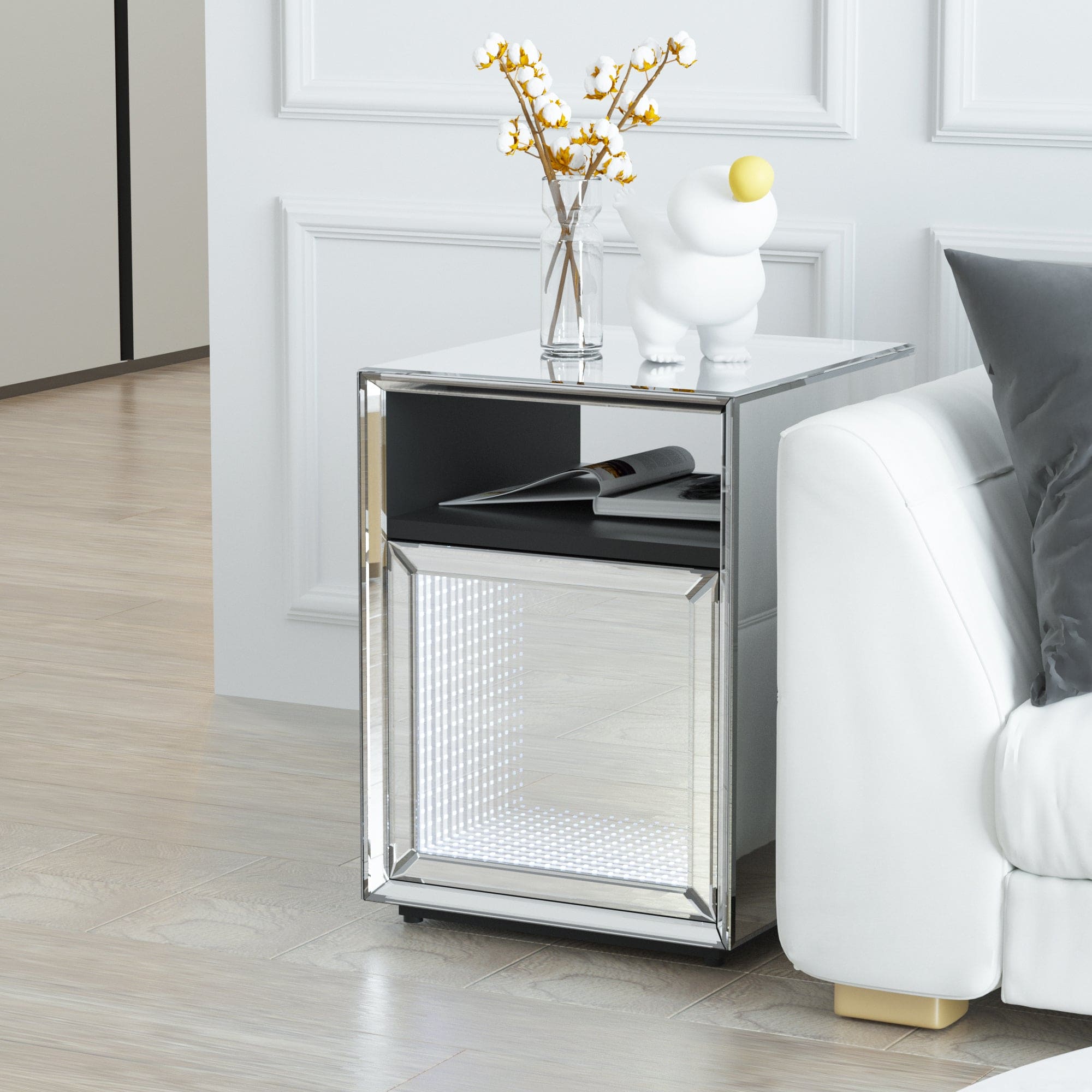 Mirrored Nightstand, LED Nightstand, Smart Bedside Table,Silver End Table (Built-in 142 Dynamic Effects and 18 Music Effects)