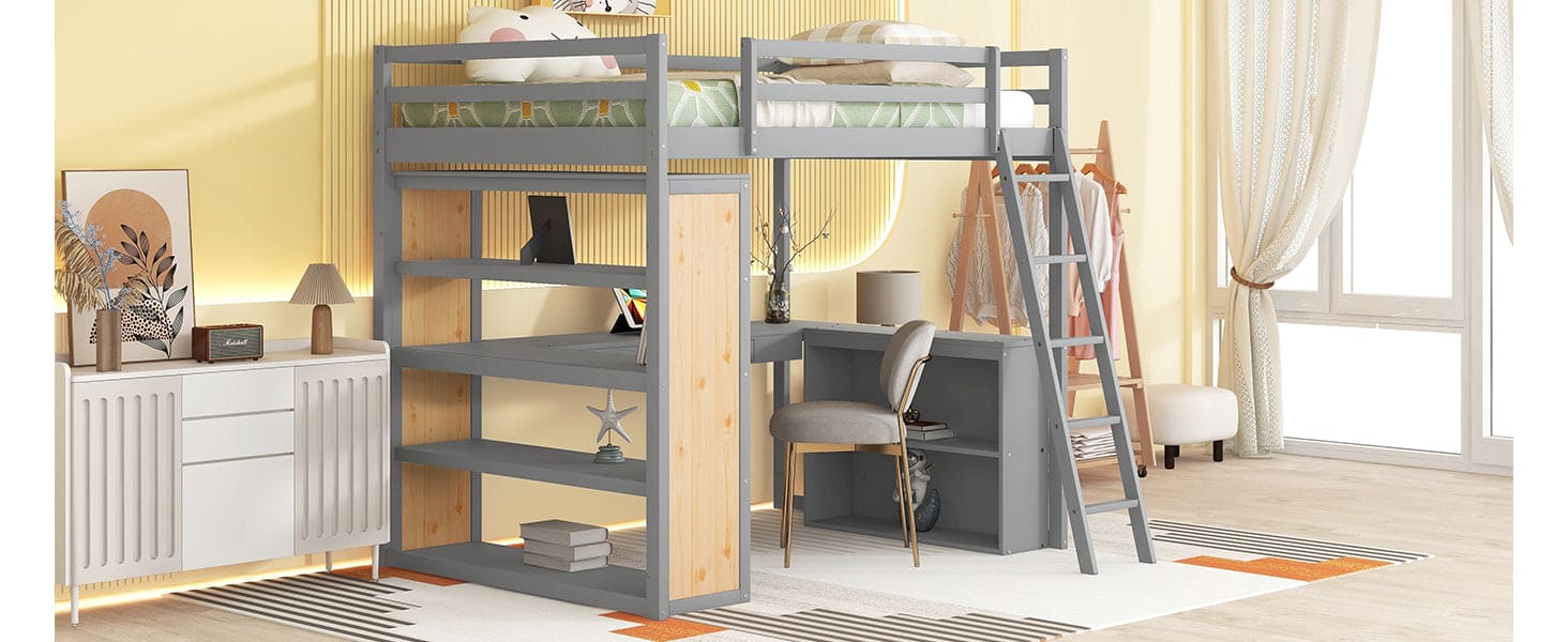 Full Size Loft Bed with Ladder, Shelves, and Desk, Gray(OLD SKU:LT100226AAE)