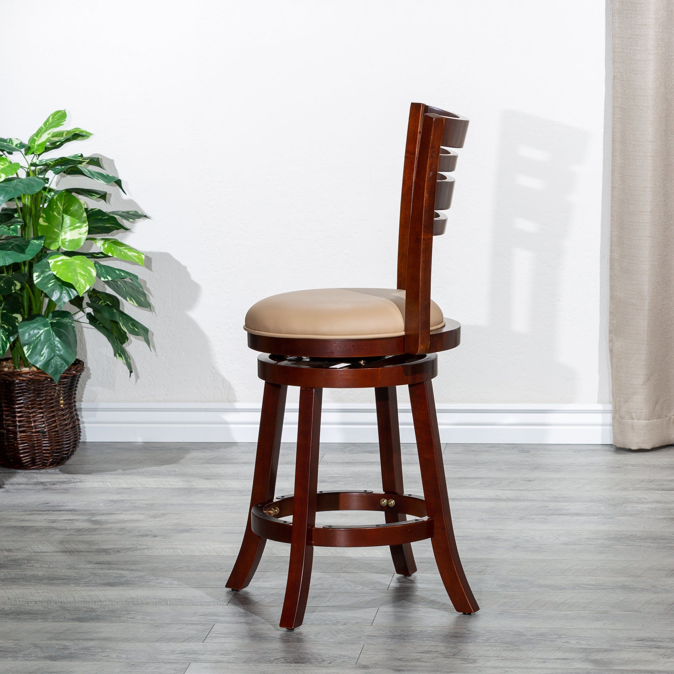 24" Counter Height Slat Back Swivel Stool, Cherry Finish, Bone Leather Seat