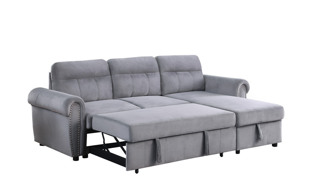 Ashton Gray Velvet Fabric Reversible Sleeper Sectional Sofa Chaise