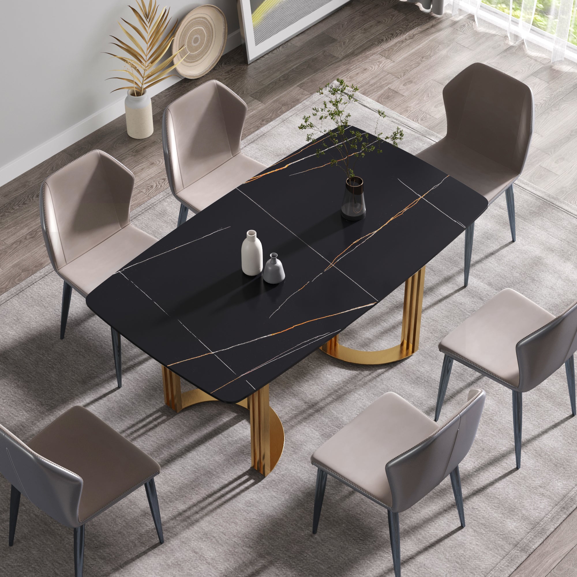 63"Modern artificial stone black curved golden metal leg dining table -6 people