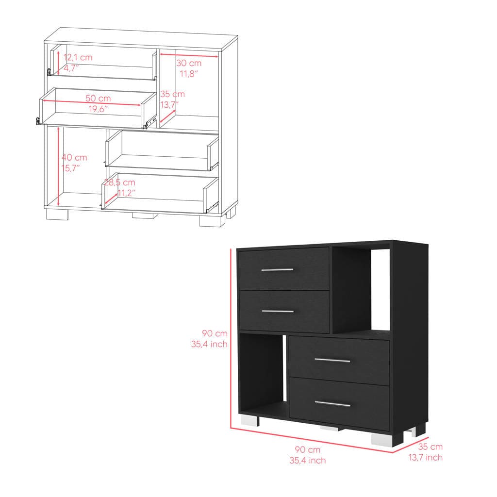 Dresser Hetzs, Four Drawers, Two Open Shelves, Black Wengue Finish