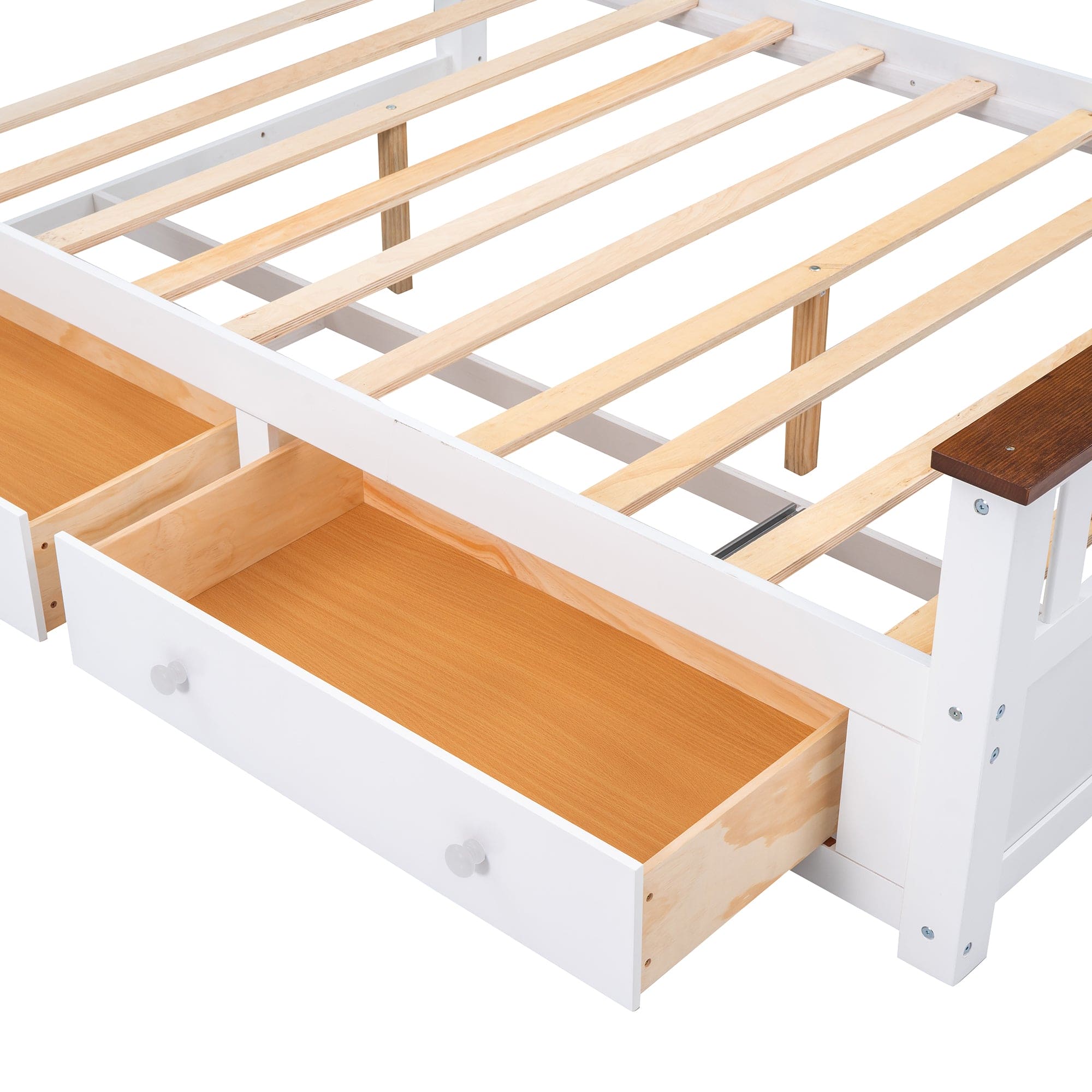 Full Size Wood Platform Bed with Two Drawers and Wooden Slat Support,White+walnut