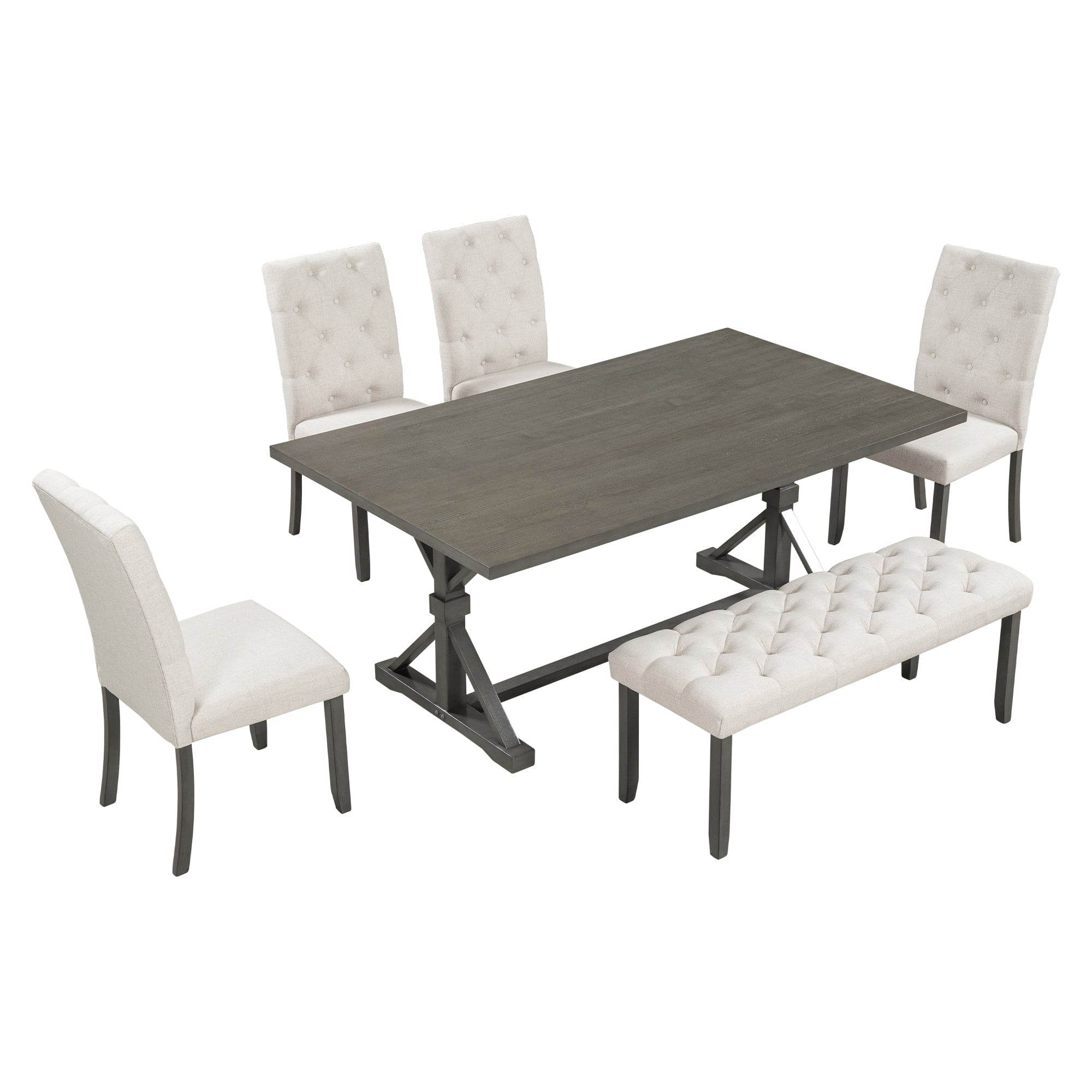 TREXM 6-Piece Farmhouse Dining Table Set 72" Wood Rectangular Table, 4 Upholstered Chairs with Bench (Gray)