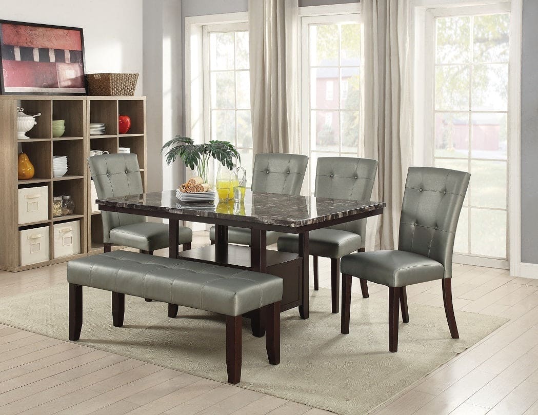 Dining Room Furniture 6pc Counter Height Dining Set Dining Table w Storage 4x High Chairs 1x Bench Silver Faux Leather Tufted Seats Faux Marble Table Top