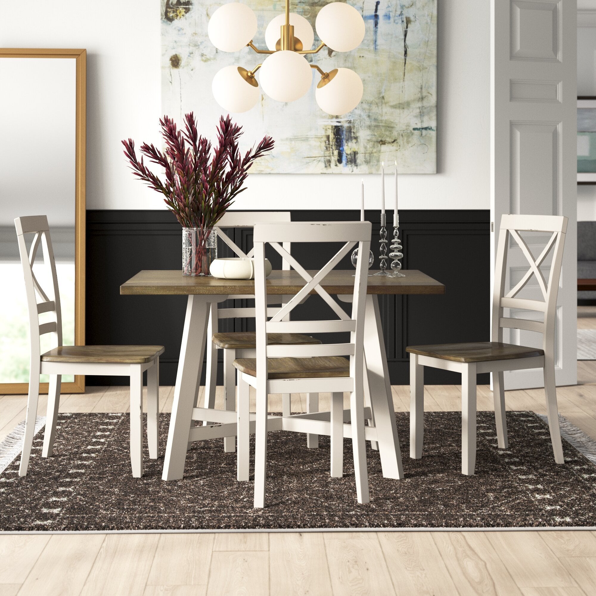 Modern Farmhouse Style 5 Piece Pack Dinette Set Antique White and Cherry Finish Wooden Furniture