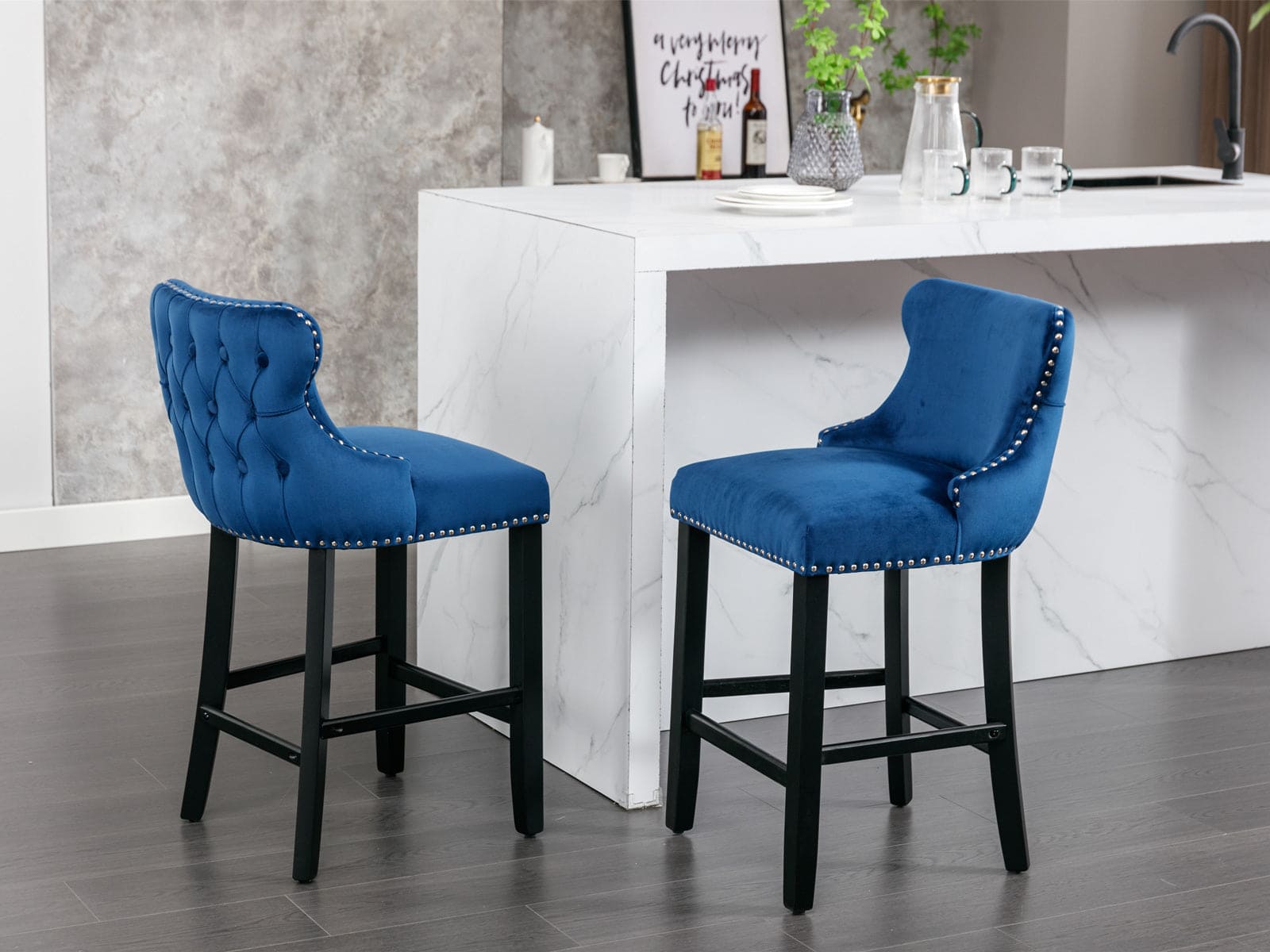 A&A Furniture,Contemporary Velvet Upholstered Wing-Back Barstools with Button Tufted Decoration and Wooden Legs, and Chrome Nailhead Trim, Leisure Style Bar Chairs,Bar stools,Set of 2 (Blue),SW1824BL