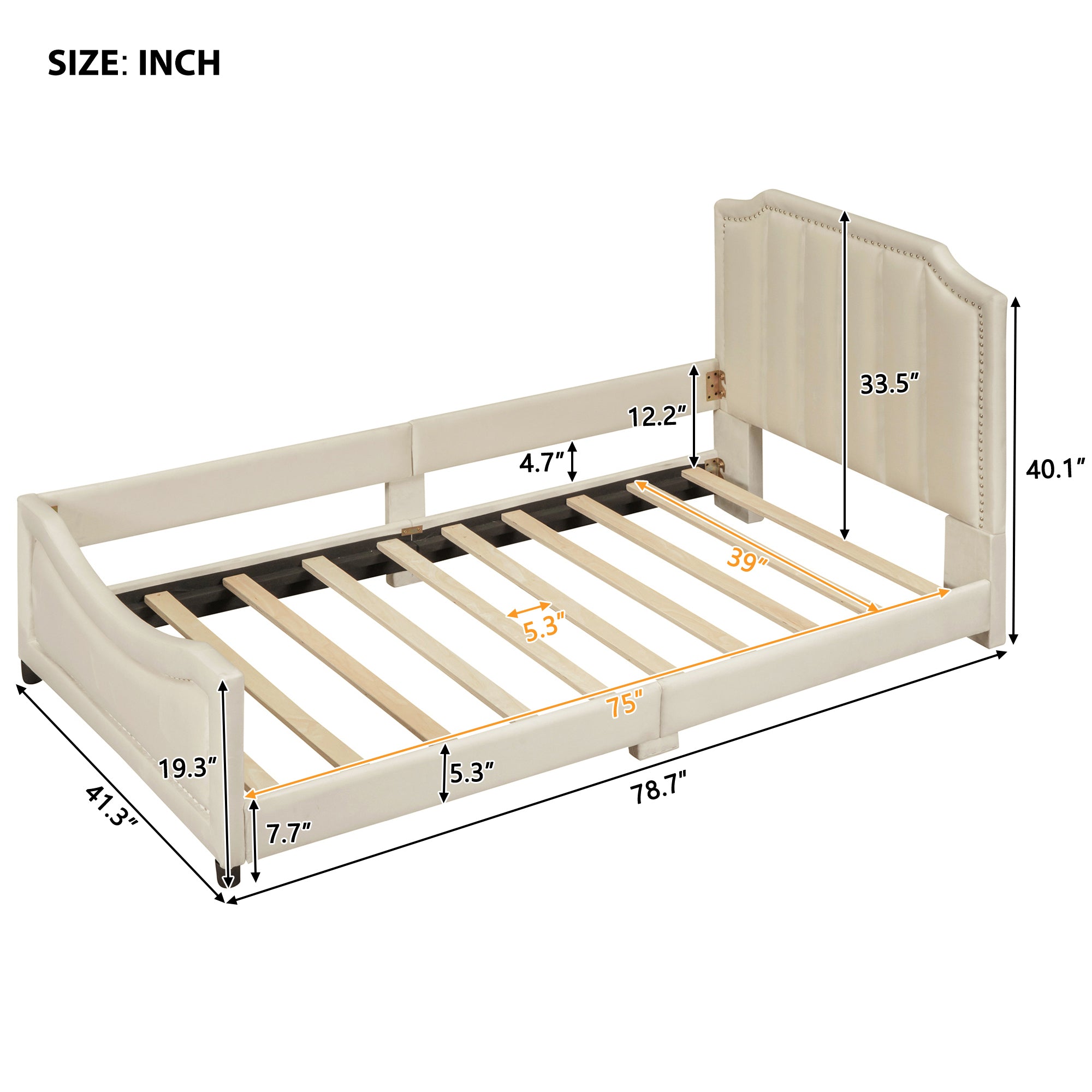 Twin Size Upholstered Daybed with Classic Stripe Shaped  Headboard, Beige