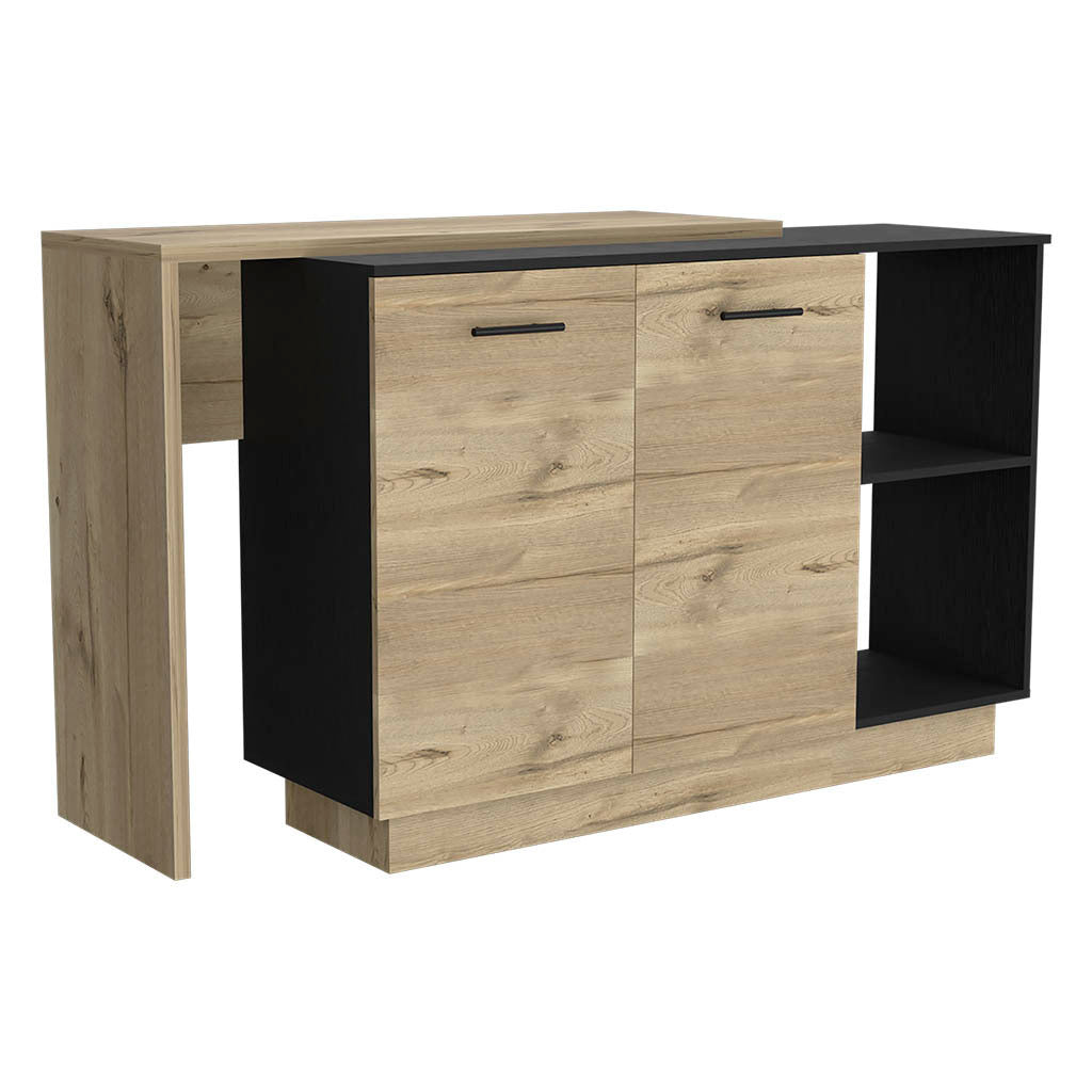 Sicilia Kitchen Island, Two  External Shelves, Double Door Cabinets, Three Shelves -Black / Light Oak