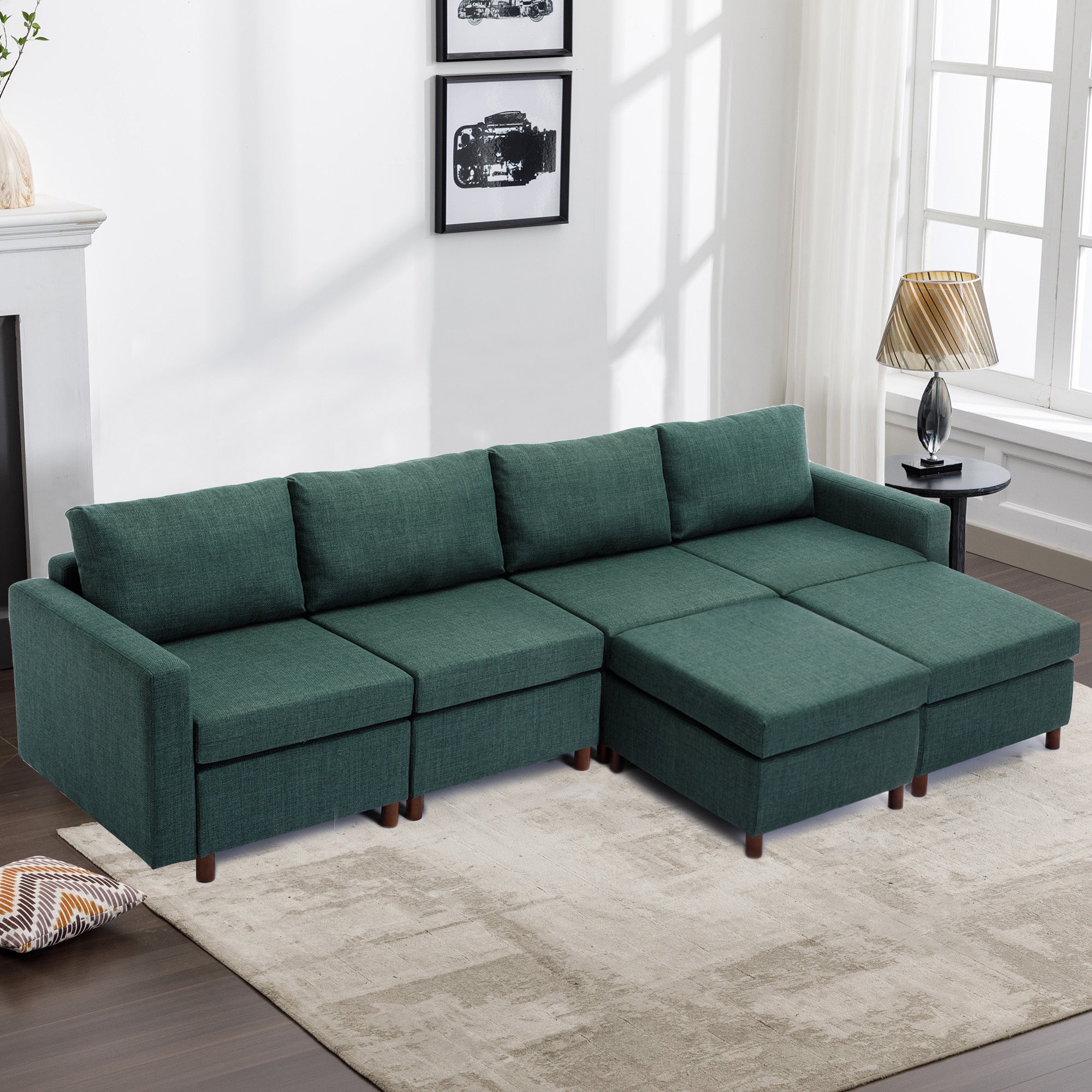 4 Seat Module Sectional Sofa Couch With 2 Ottoman for living room,Seat Cushion and Back Cushion Non-Removable and Non-Washable,Green