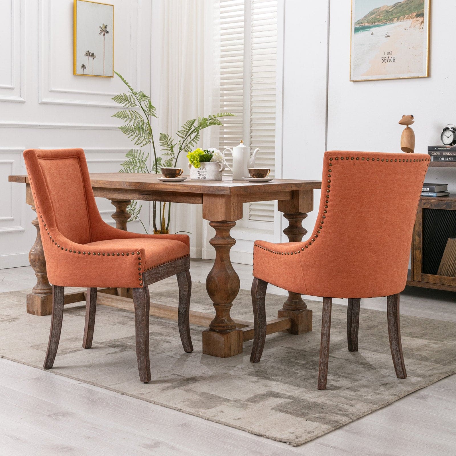 A&A Furniture,Ultra Side Dining Chair，Thickened fabric chairs with neutrally toned solid wood legs， Bronze nail head，Set of 2，Orange