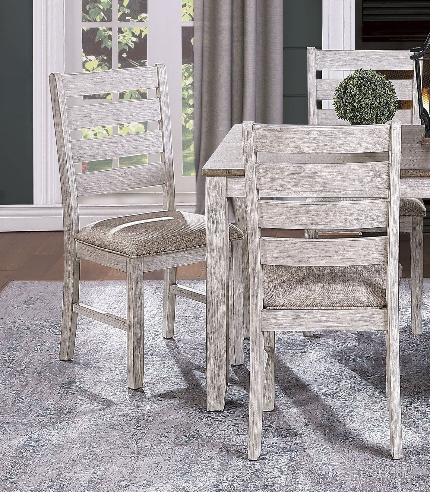 Grayish White and Brown Finish Casual Dining Room Furniture 5pc Dining Set Rectangular Wooden Table and 4x Side Chairs Fabric Upholstered Seat