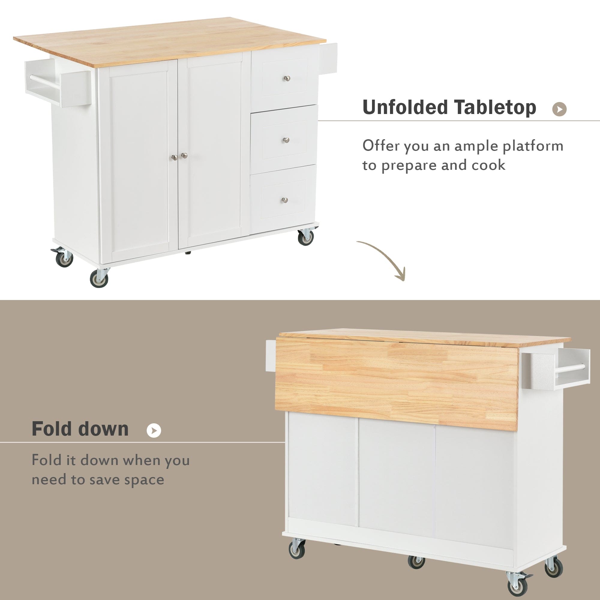 Rolling Mobile Kitchen Island with Solid Wood Top and Locking Wheels,52.7 Inch Width,Storage Cabinet and Drop Leaf Breakfast Bar,Spice Rack, Towel Rack & Drawer (White)