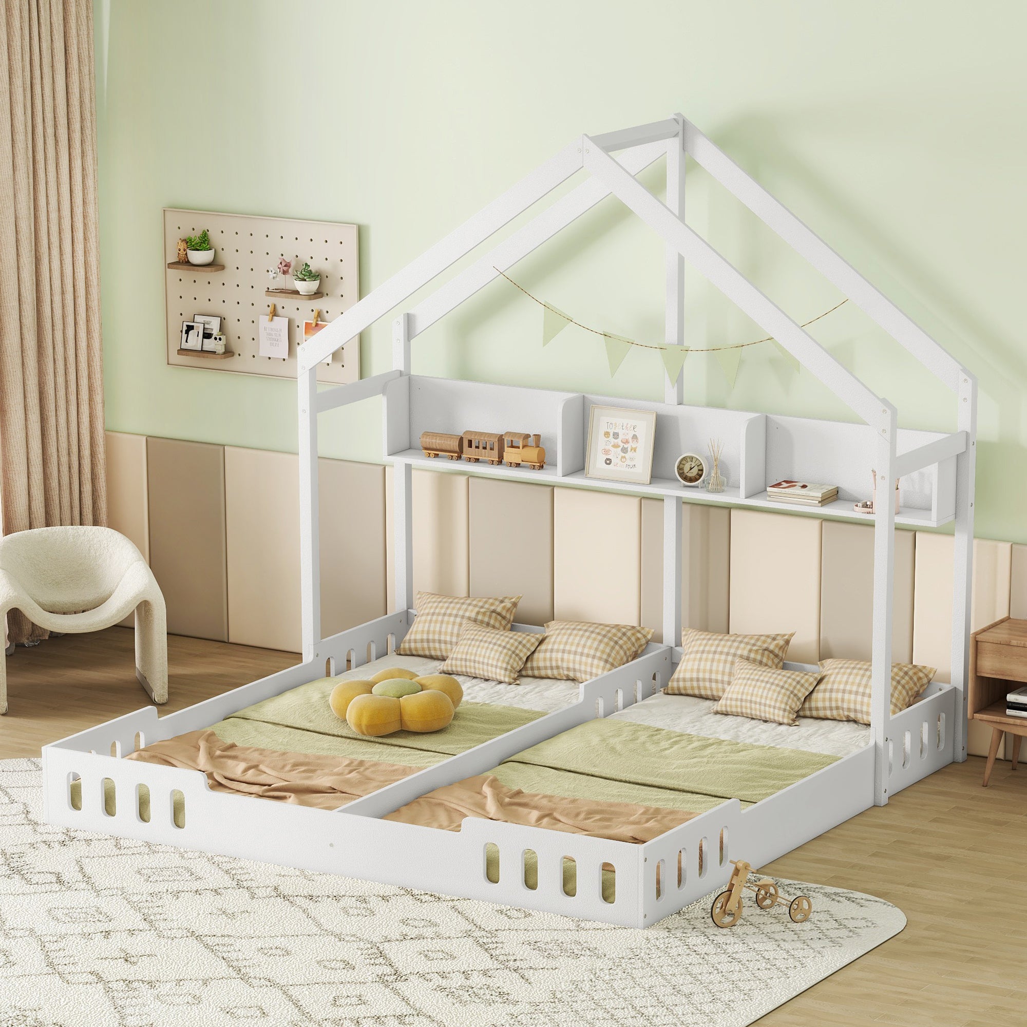 Wood Twin Size House Platform Beds,Two Shared Beds with Shelves and Guardrail, Creamy White