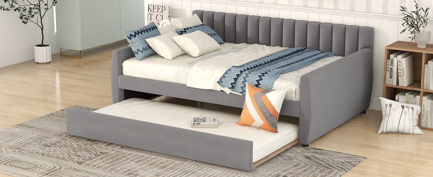 Full Size Upholstered daybed with Trundle and Wood Slat Support, Gray