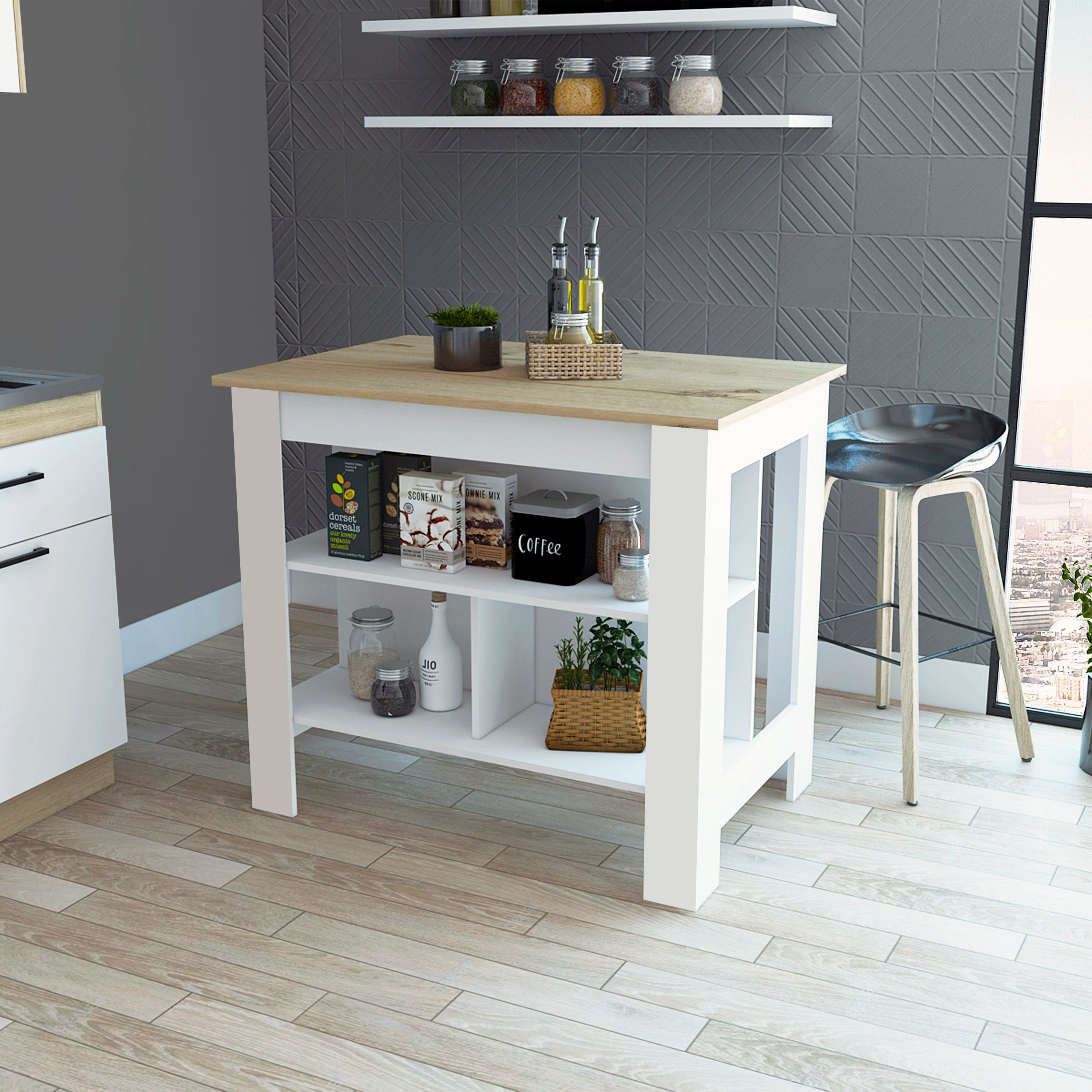 Kitchen Island Dozza, Three Shelves, White / Light Oak Finish