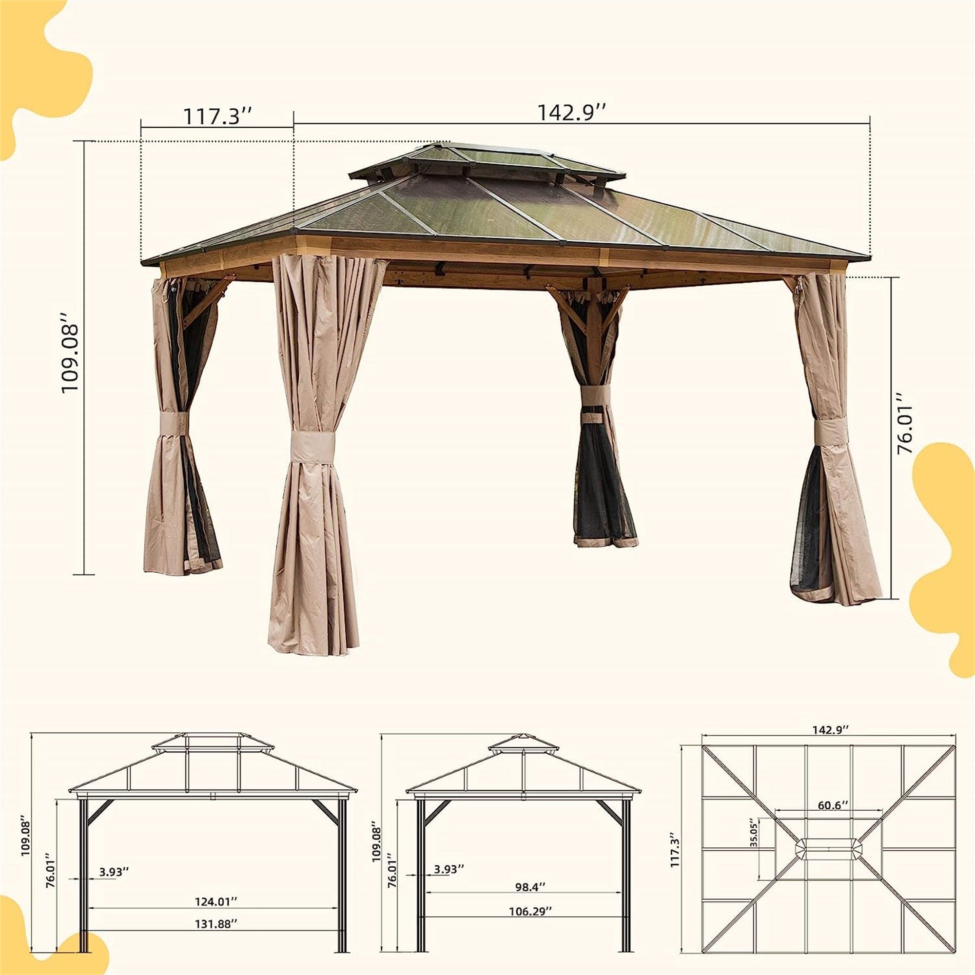 10'x12' Hardtop Gazebo, Permanent Outdoor Gazebo with Polycarbonate Double Roof, Aluminum Gazebo Pavilion with Curtain and Net for Garden, Patio, Lawns, Deck, Backyard(Wood-Looking)