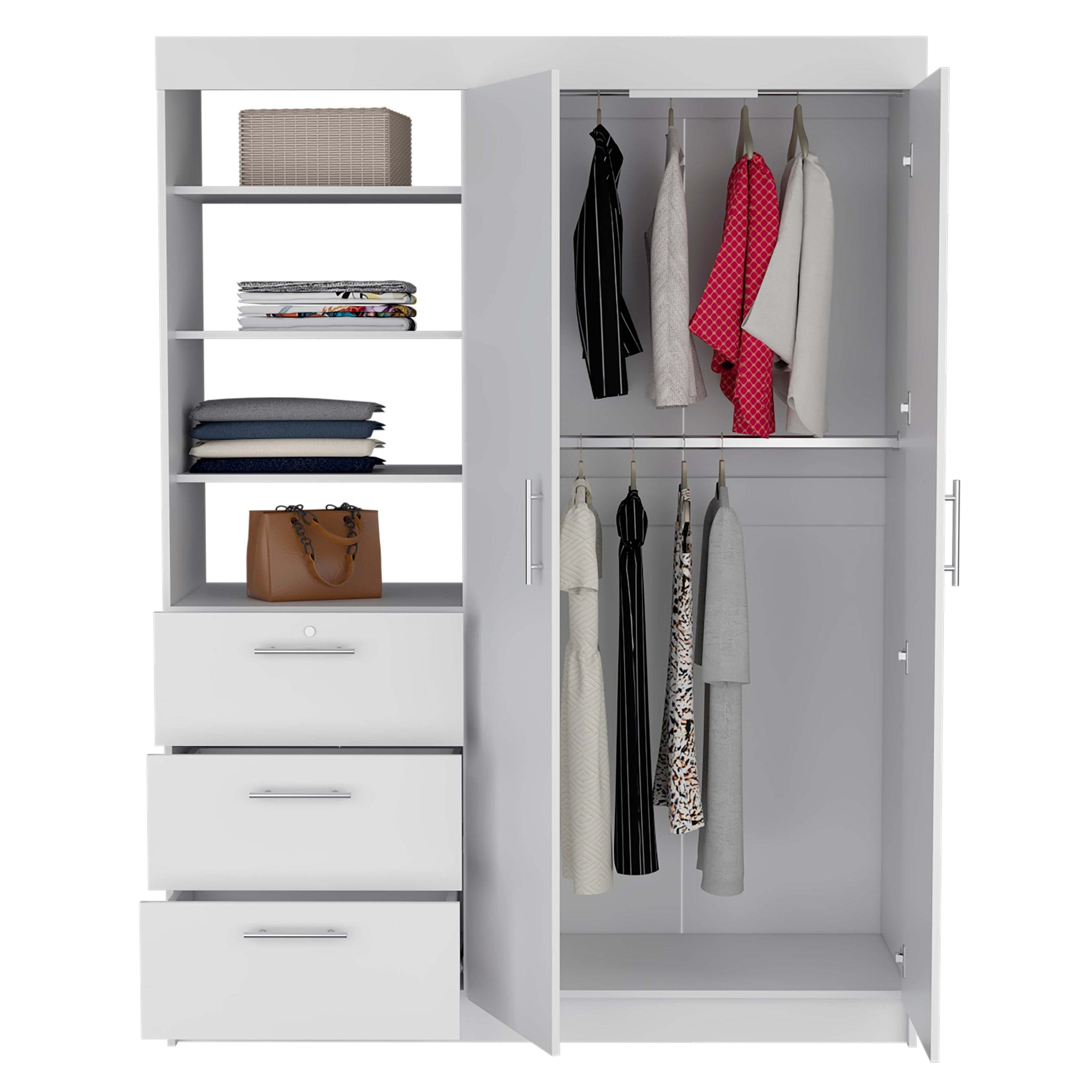 Kenya 3 Drawers Armoire, Double Door, 3-Tier Shelf -White