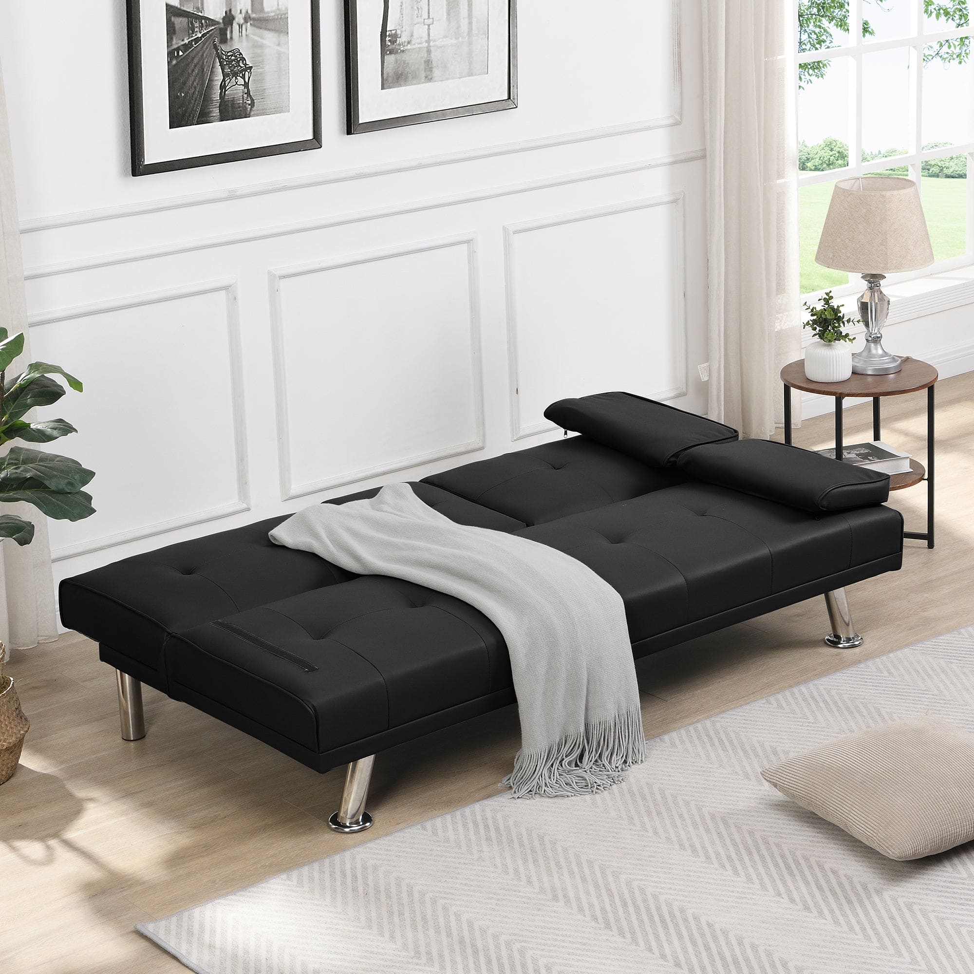 Sofa Bed with Armrest two holders  WOOD FRAME, STAINLESS LEG, FUTON BLACK  PVC