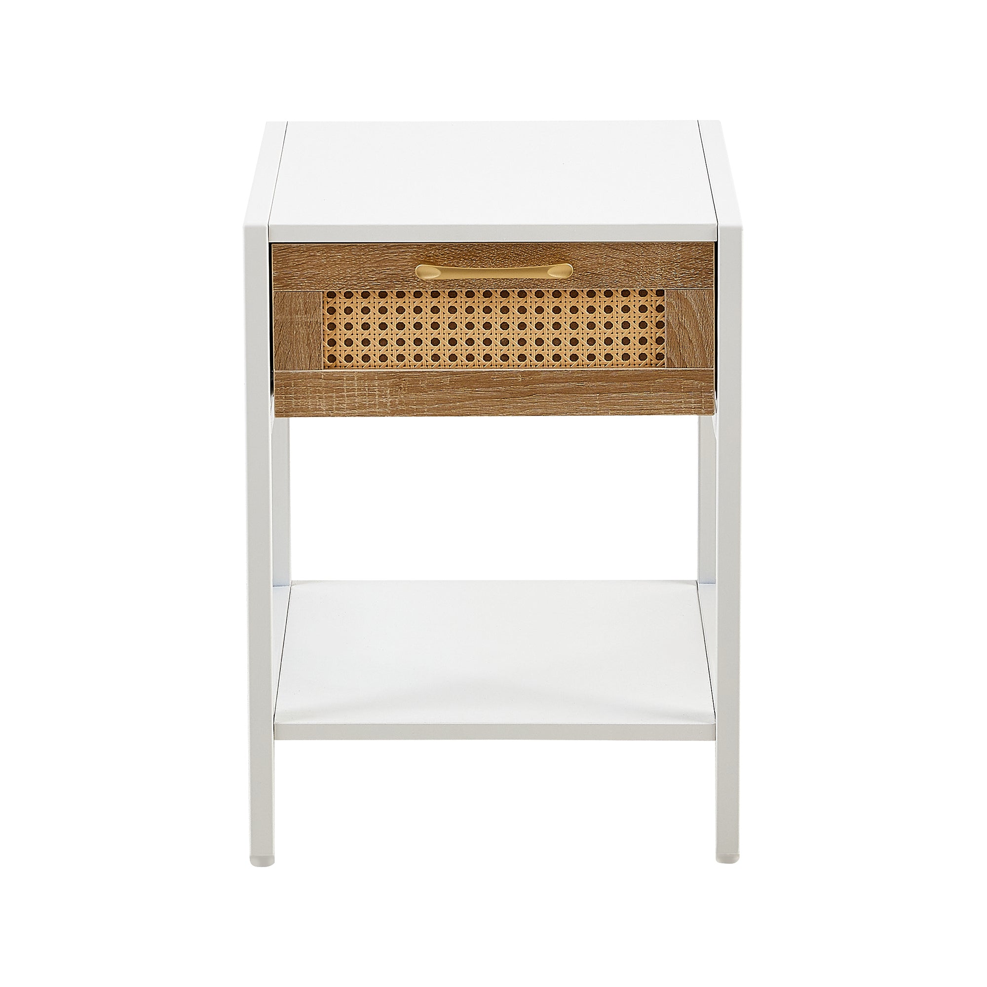 Set of 2, 15.74" Rattan End table with  drawer, Modern nightstand, metal legs,side table for living room, bedroom,white