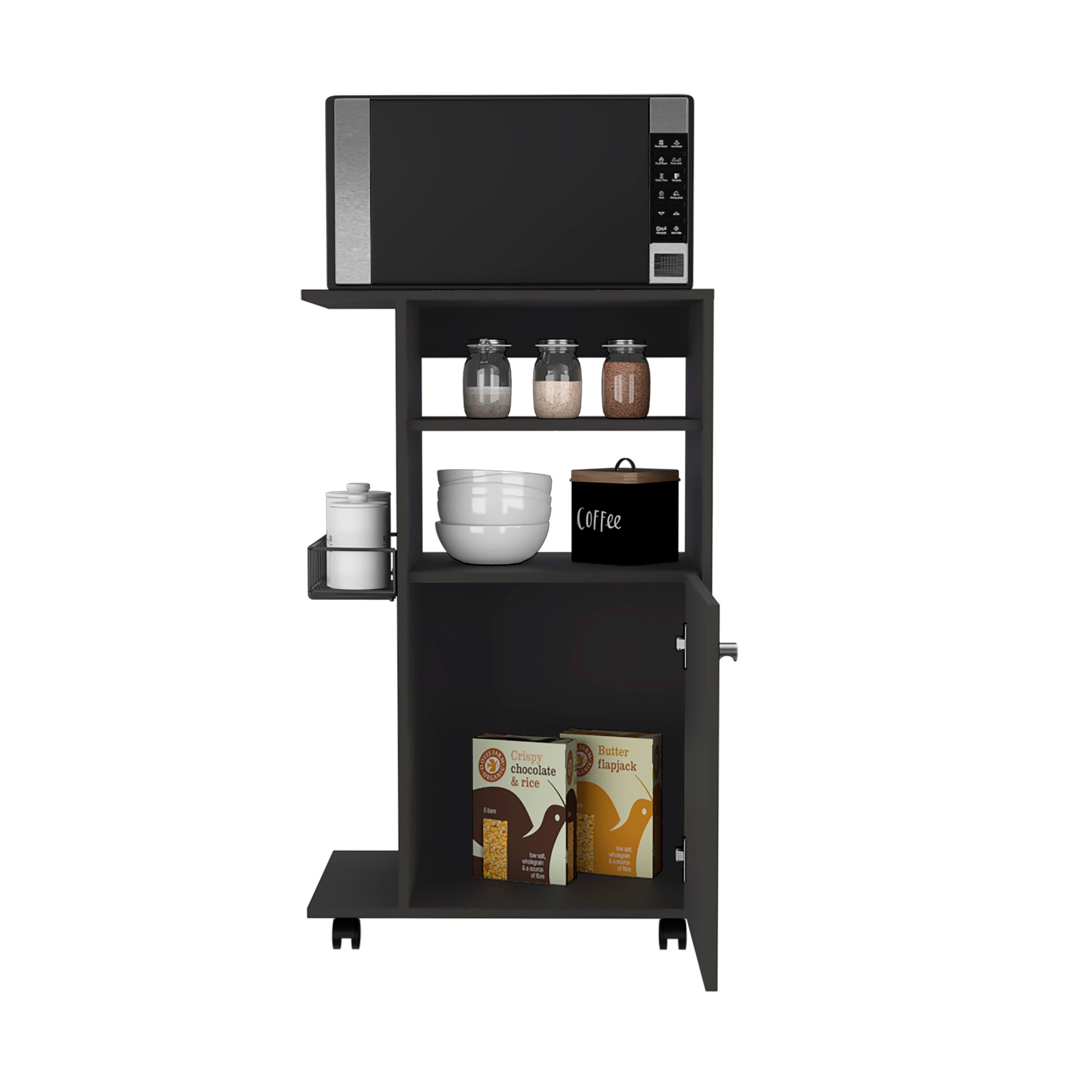 Kitchen Cart Kryot, Single Door Cabinet, Four Casters, Black Wengue Finish