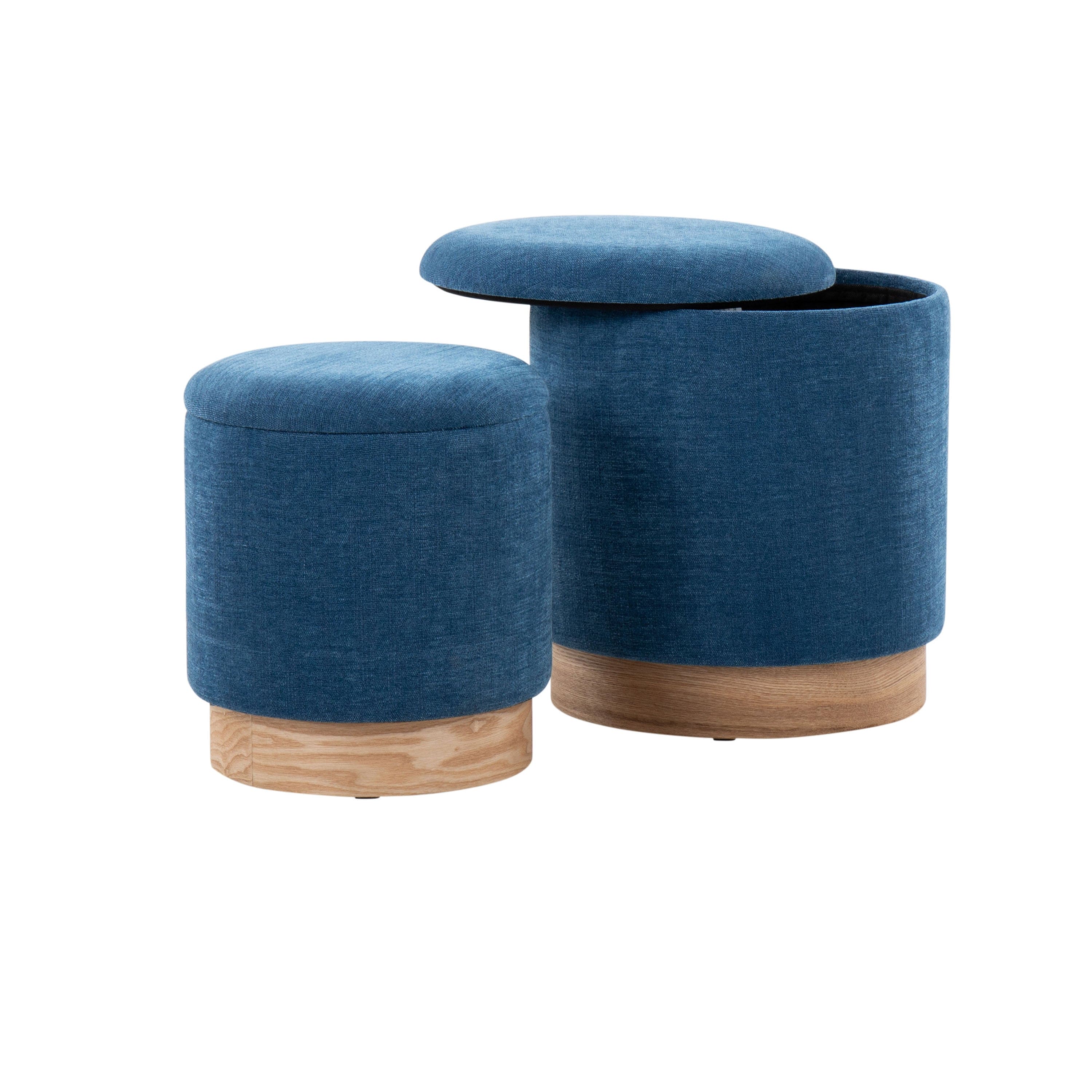 Marla Contemporary Nesting Ottoman Set in Natural Wood and Blue Fabric by LumiSource