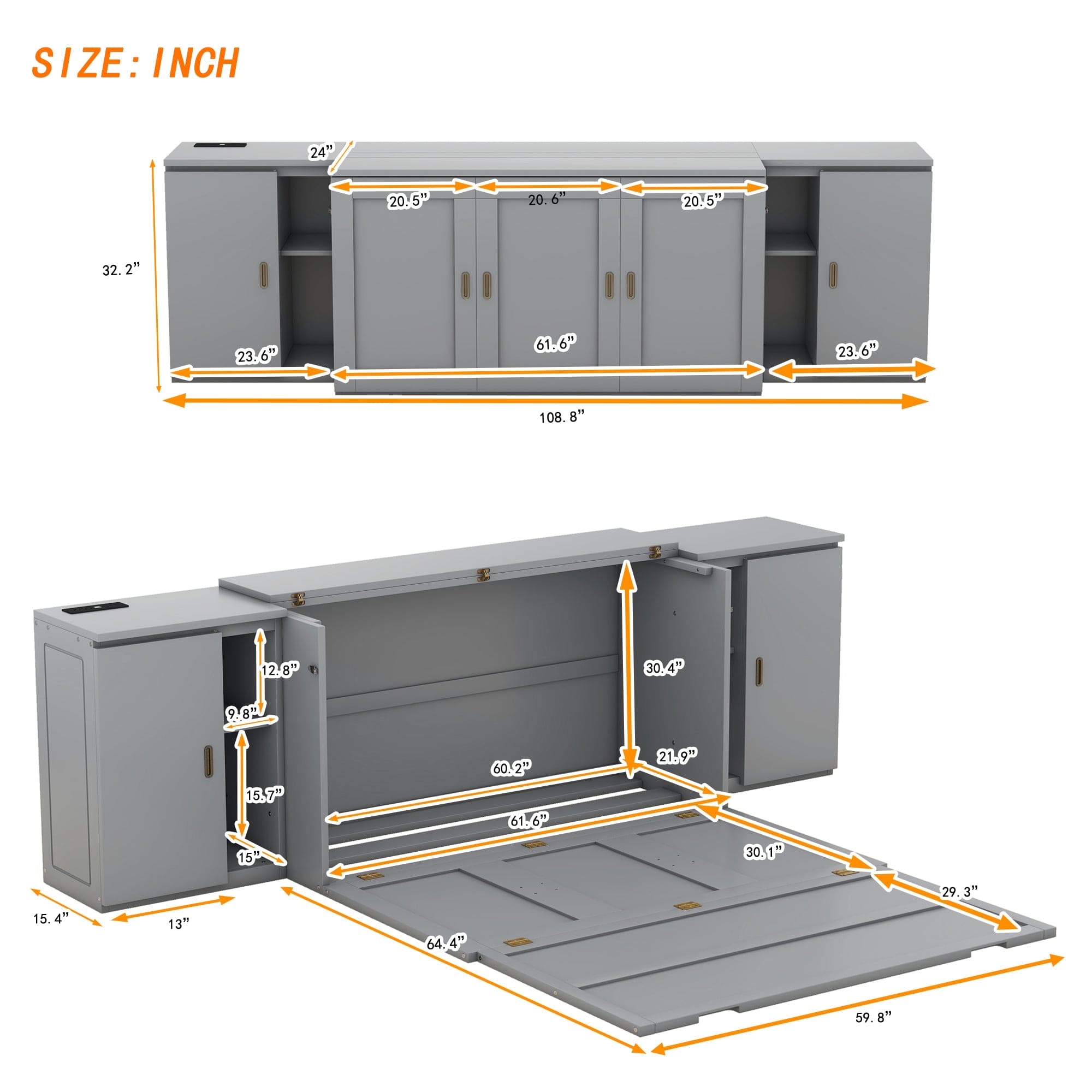 Queen Size Murphy Bed with Shelves, Cabinets and USB Ports,Gray