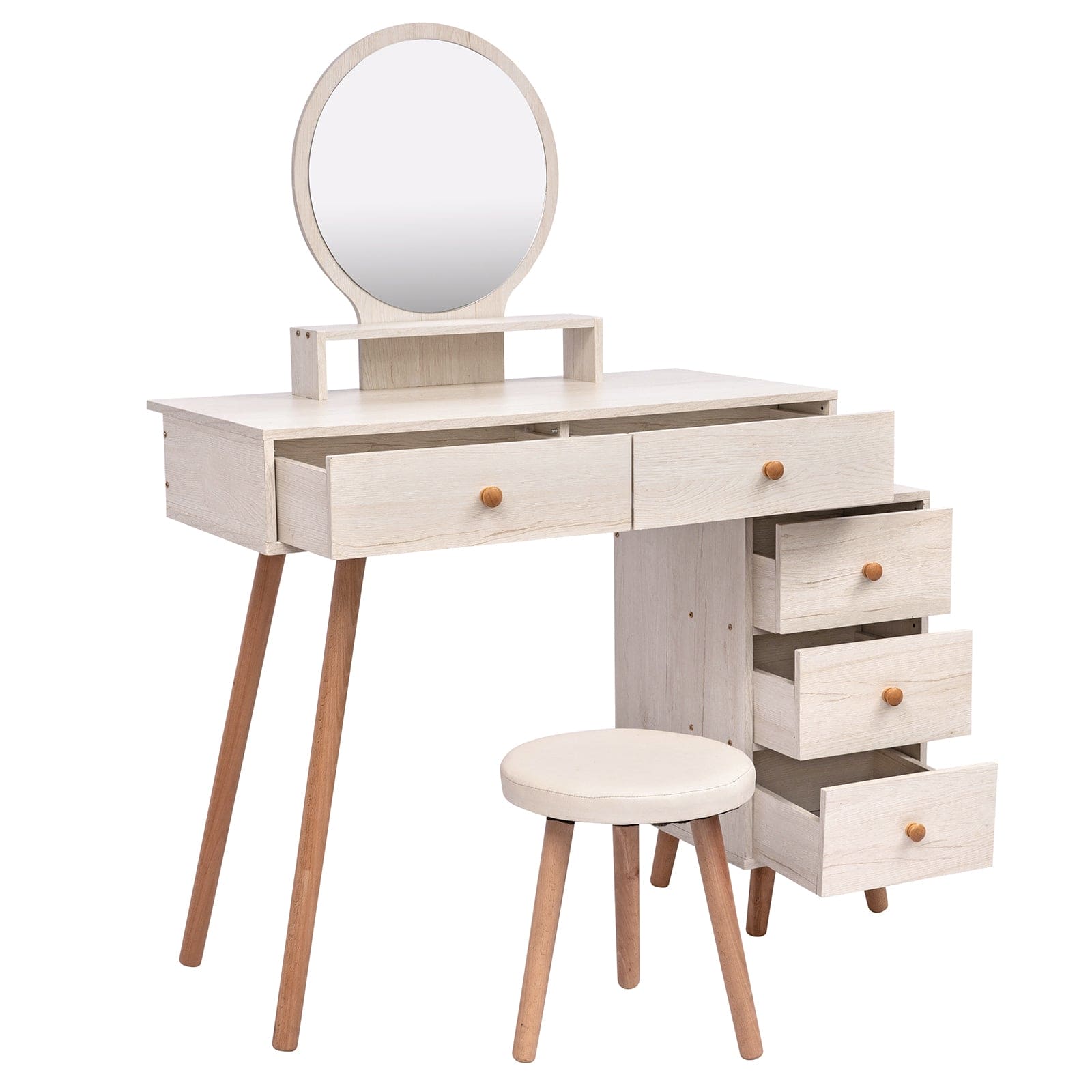 CRAZY ELF Makeup Vanity Table with Cushioned Stool, Large Capacity Storage Cabinet, 5 Drawers, Large Round Mirror, Fasionable Makeup Furniture (31.5"-43.2"L x 15.8"W x 48.1"H) Length Adjustable