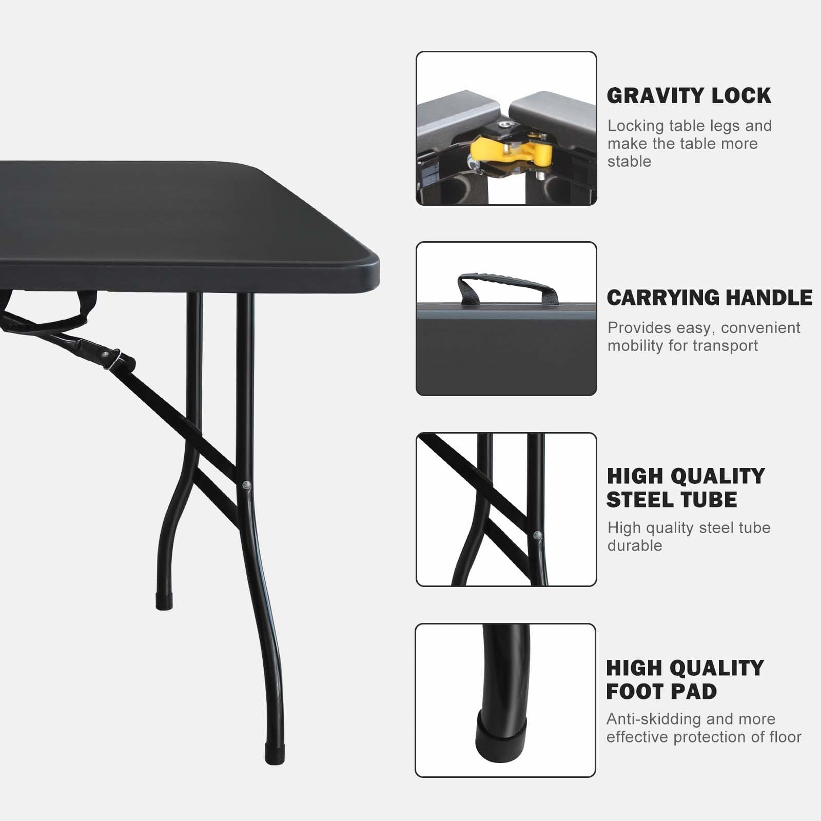 6ft Folding Table, Portable Plastic Table for Camping, Picnics, Parties, High Load Bearing Foldable Table Black