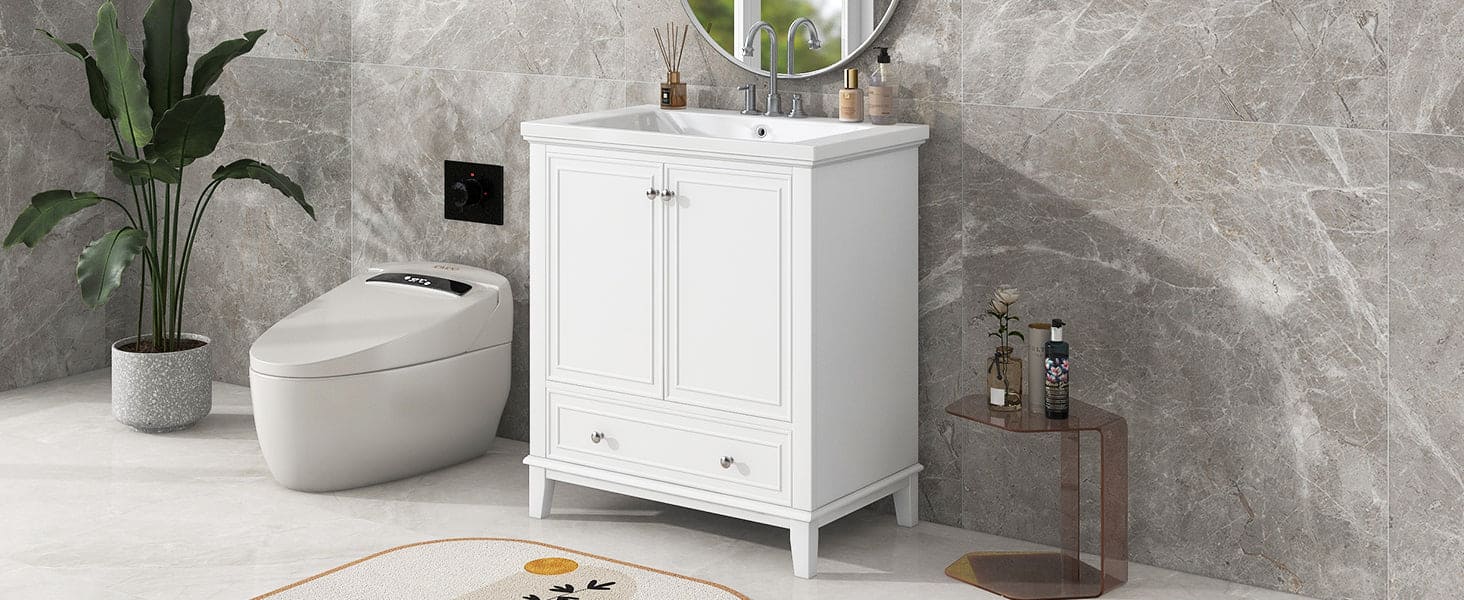 30" Bathroom Vanity with Sink Combo, Multi-functional Bathroom Cabinet with Doors and Drawer, Solid Frame and MDF Board, White