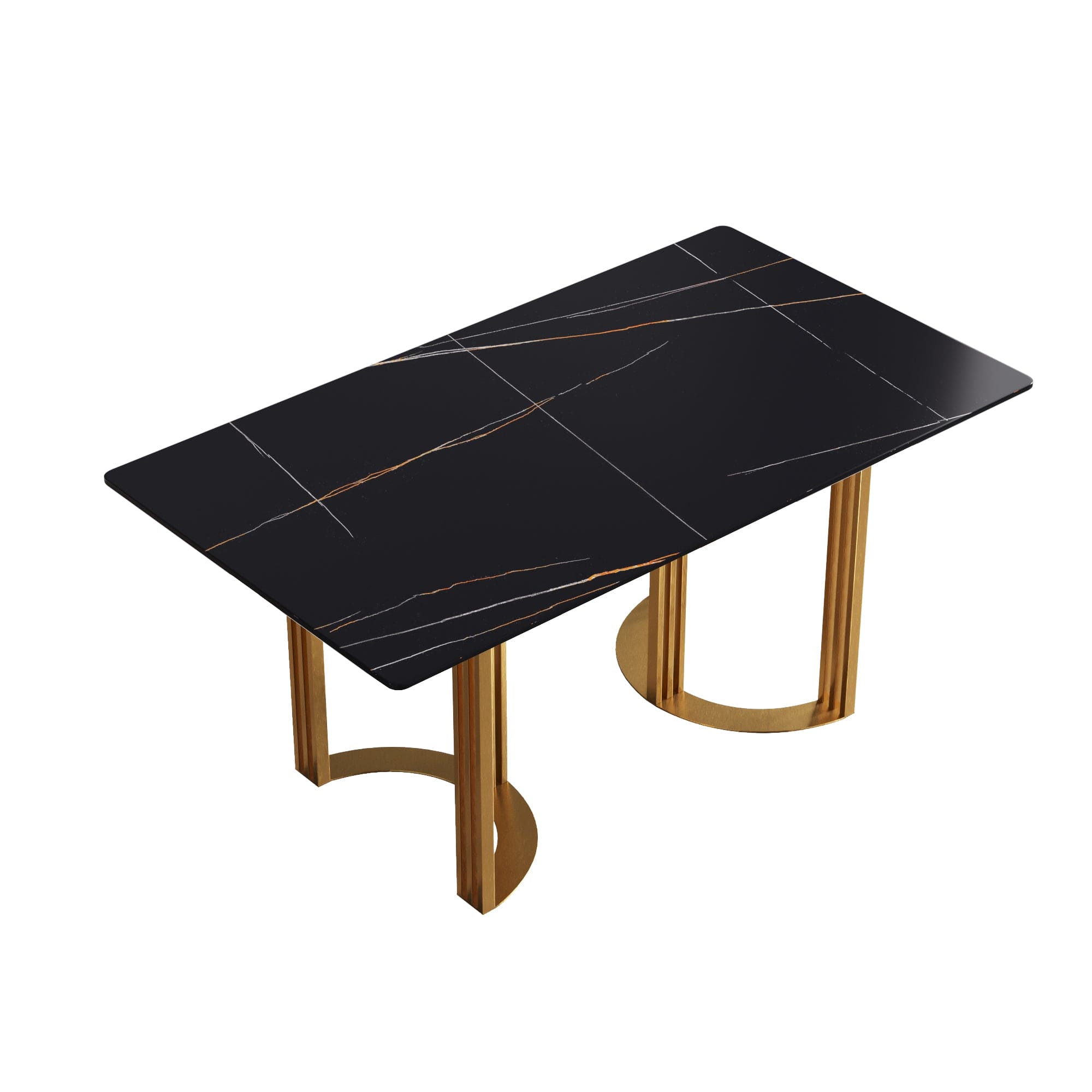 63"Modern artificial stone black straight edge golden metal leg dining table -6 people