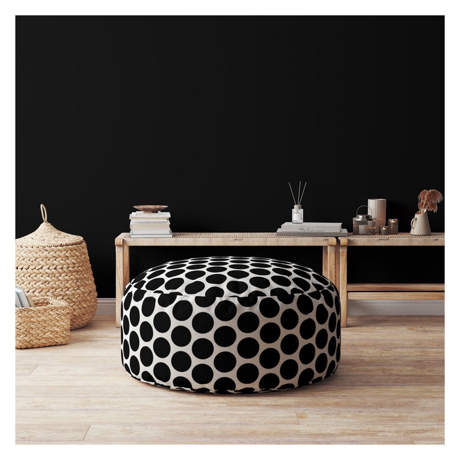 Indoor BIG DOT Black Round Zipper Pouf - Stuffed - Extra Beads Included! - 24in dia x 20in tall