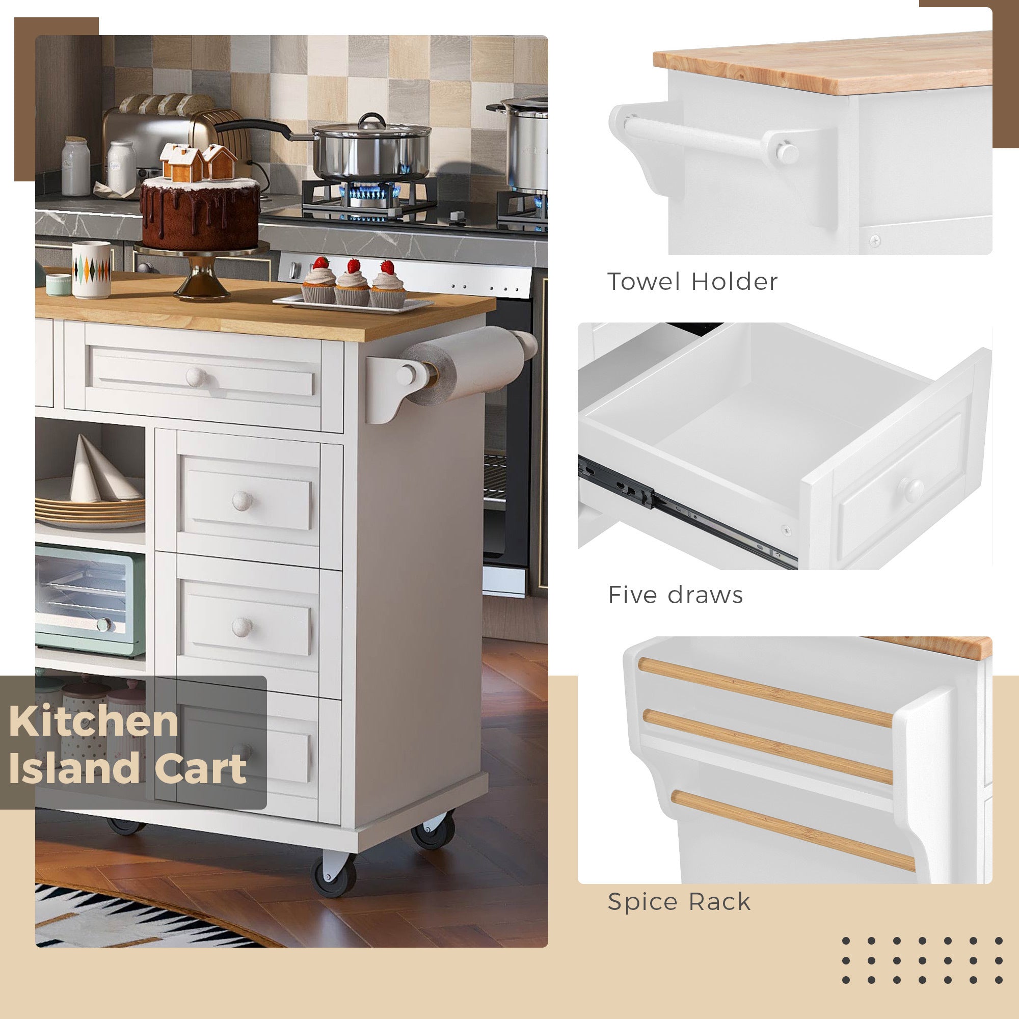 Kitchen cart with Rubber wood desktop rolling mobile kitchen island with storage and 5 draws 53 Inch  length(White)