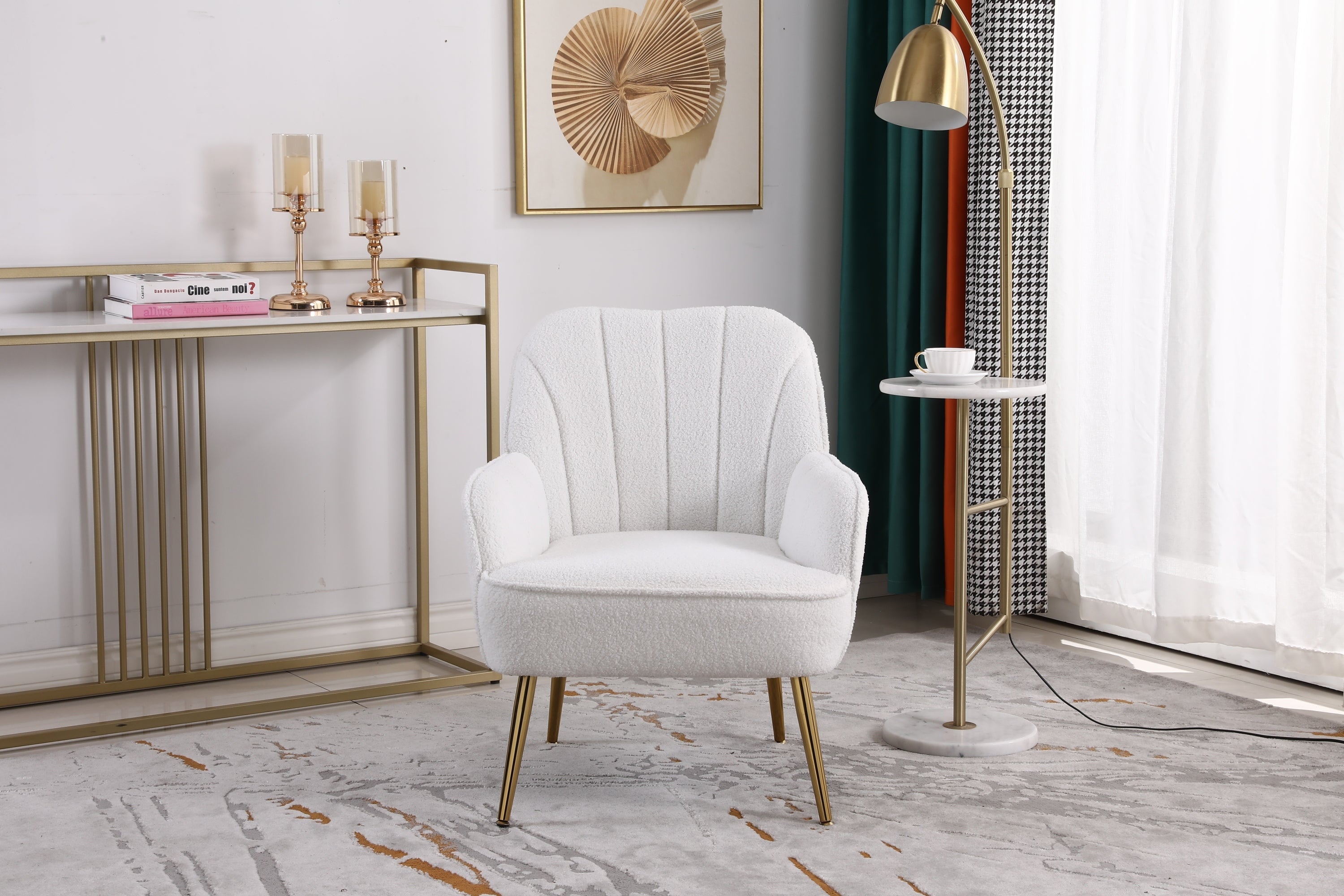 Modern Soft White Teddy fabric Ivory Ergonomics Accent Chair Living Room Chair Bedroom Chair Home Chair With Gold Legs And Adjustable Legs For Indoor Home